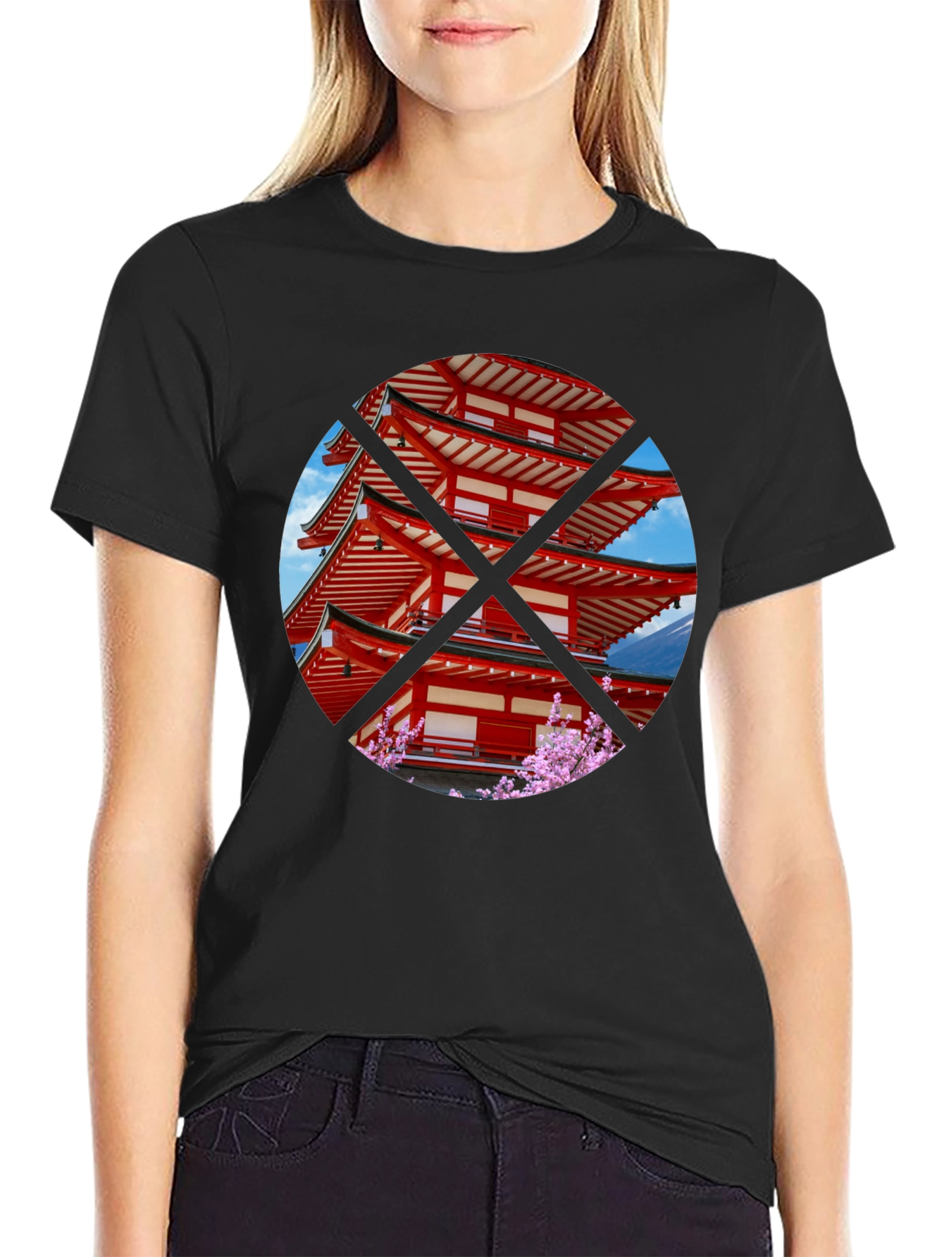 Japanese Pagoda T-Shirt - Black Crew Neck Tee