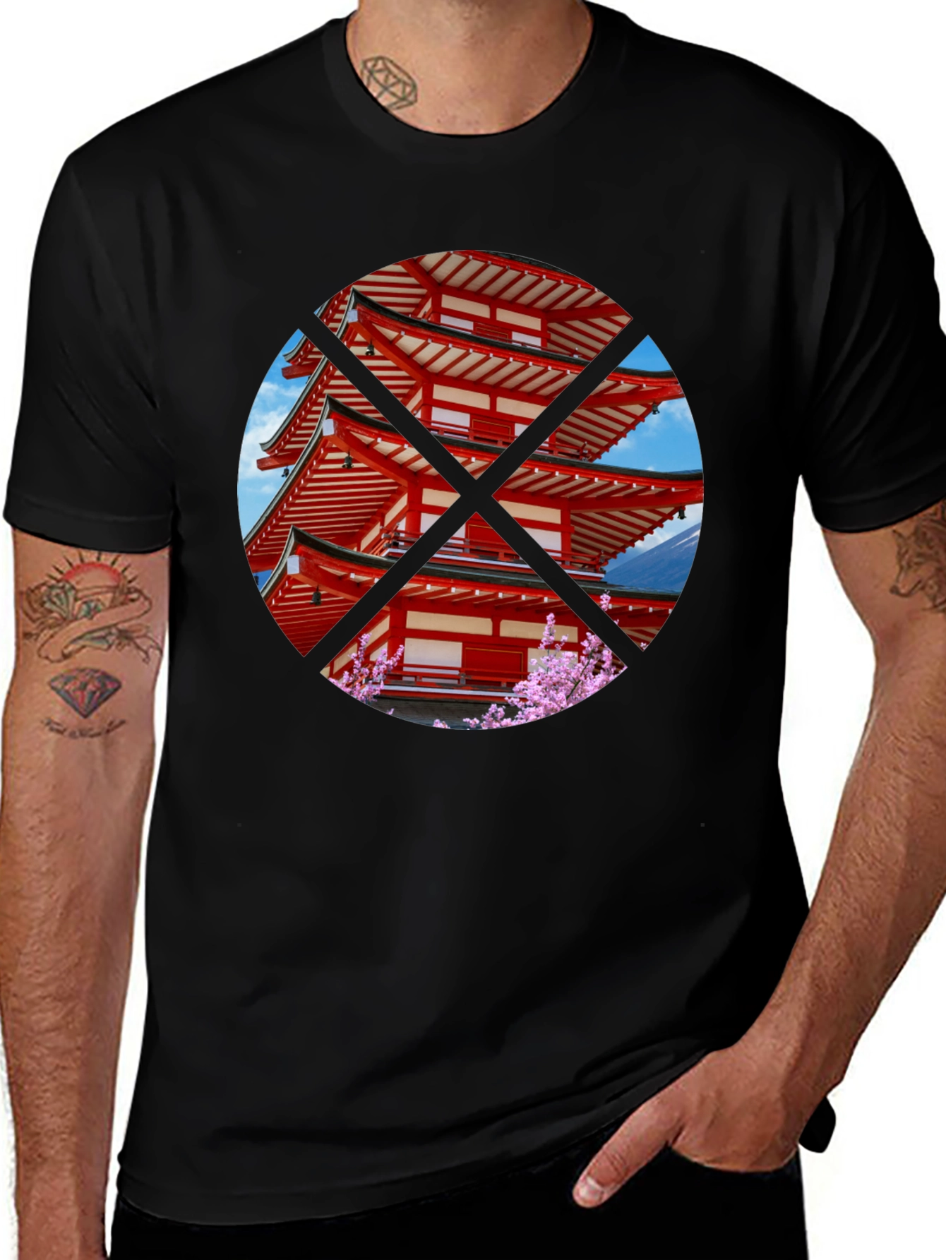 Japanese Pagoda T-Shirt - Black Crew Neck Tee