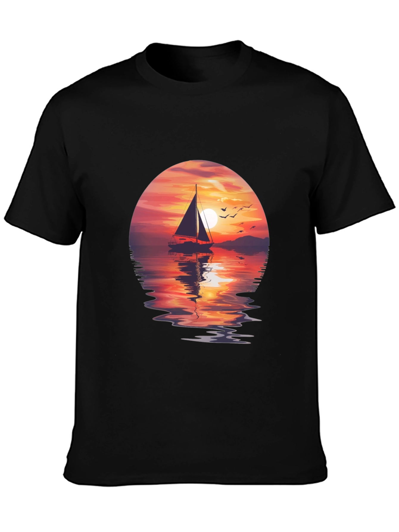 Sunset Sailboat Graphic Tee - Black Crew Neck T-Shirt