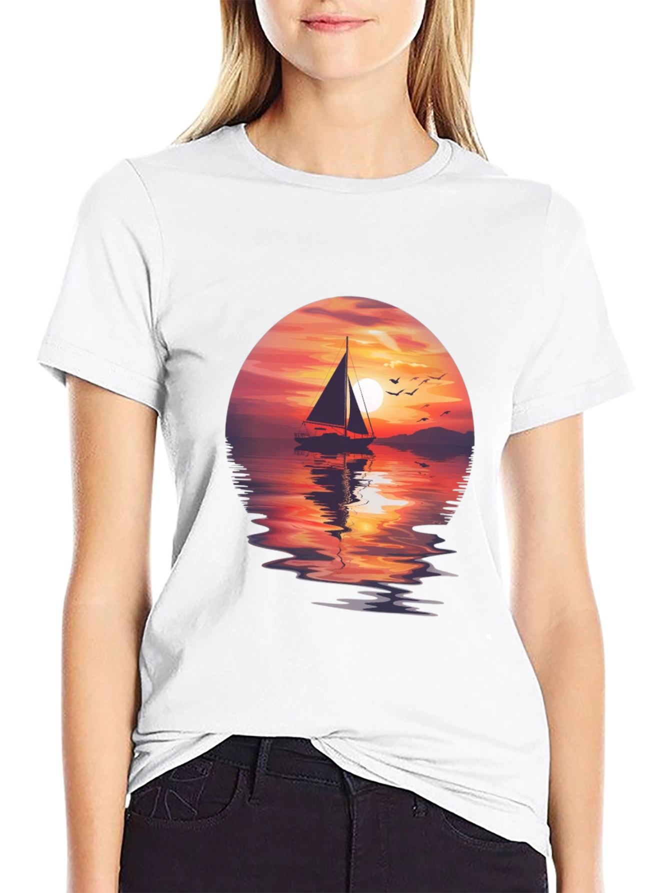 Sunset Sailboat Graphic Tee - Black Crew Neck T-Shirt