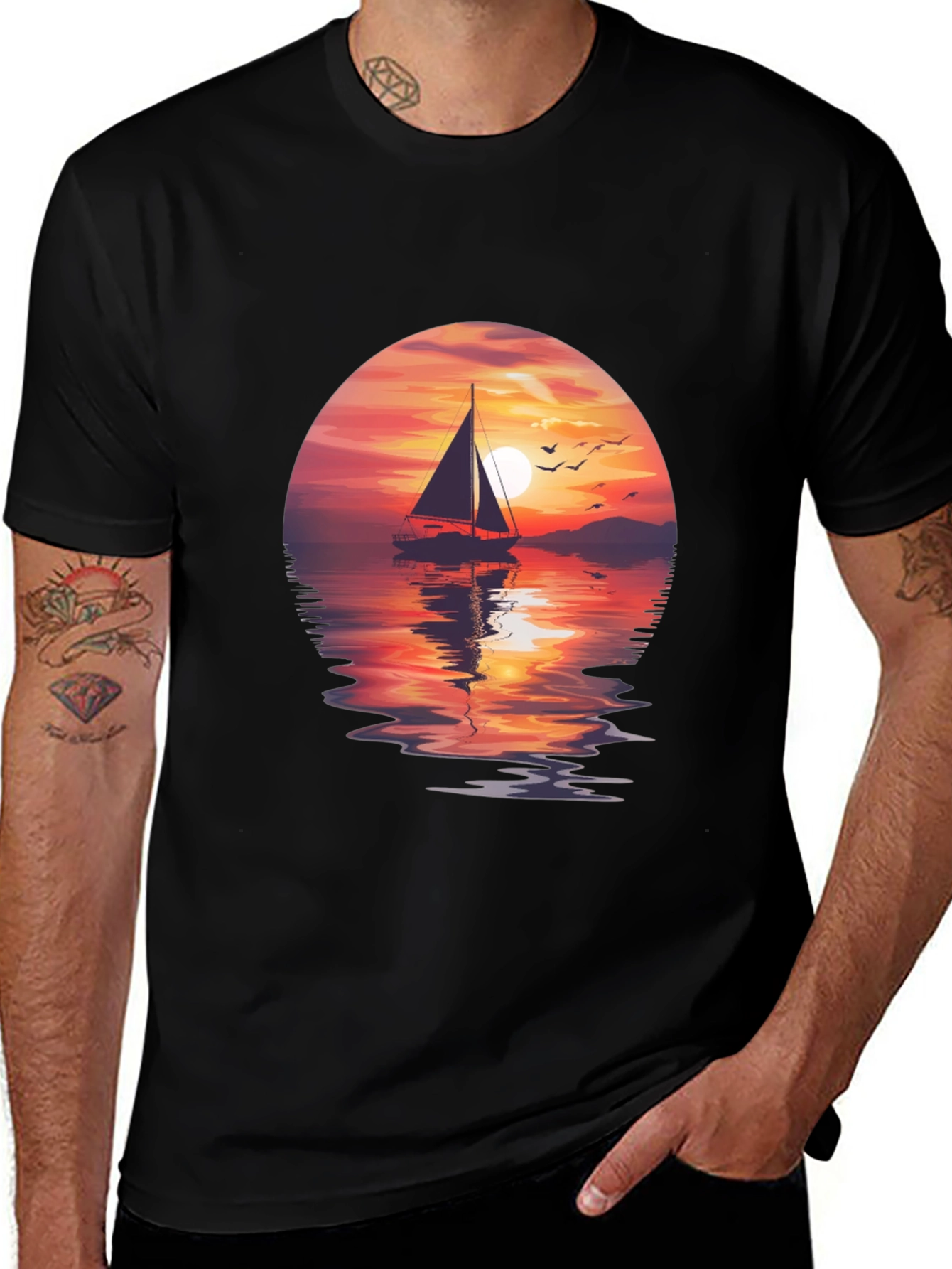 Sunset Sailboat Graphic Tee - Black Crew Neck T-Shirt