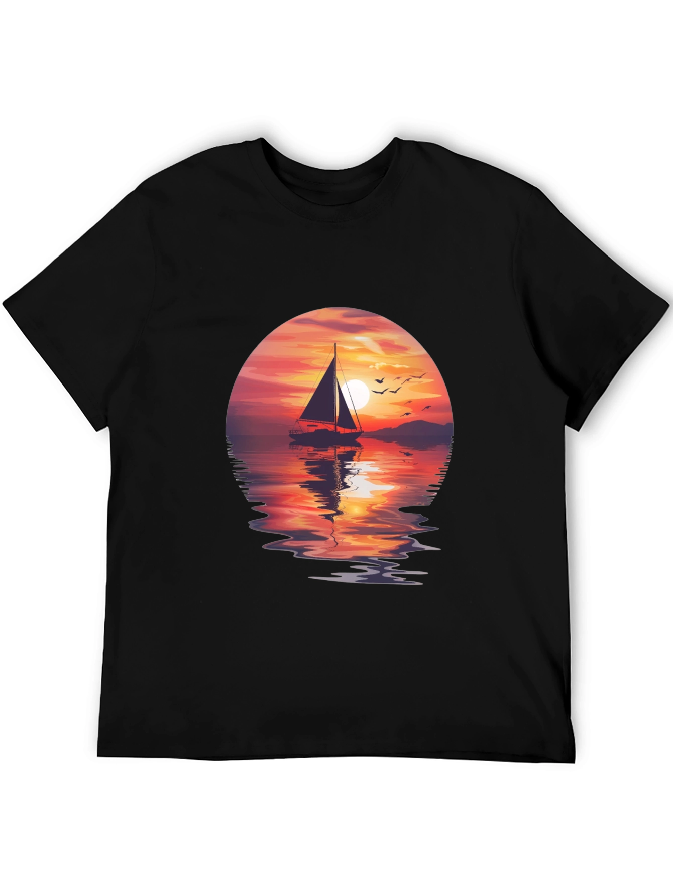 Sunset Sailboat Graphic Tee - Black Crew Neck T-Shirt