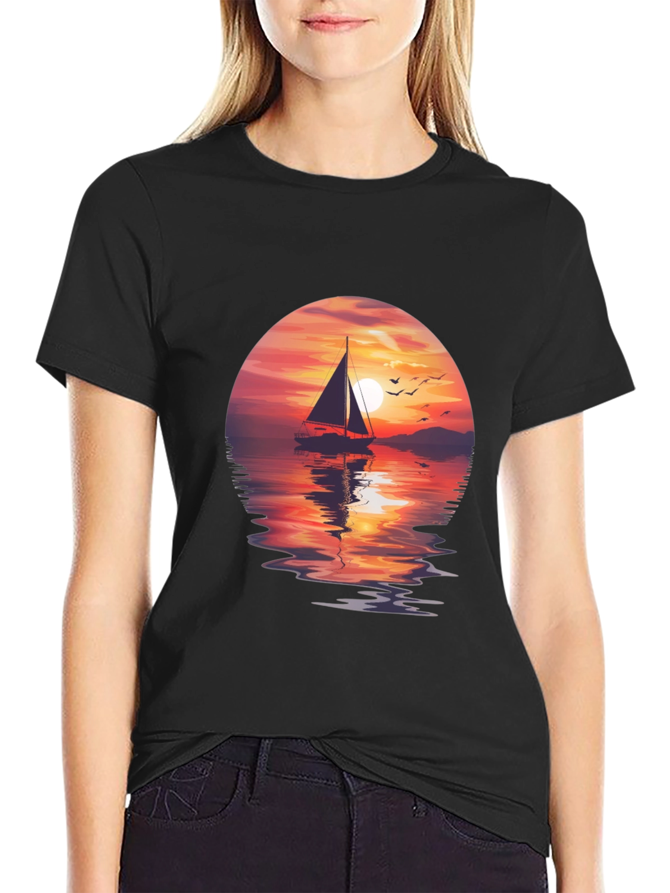 Sunset Sailboat Graphic Tee - Black Crew Neck T-Shirt