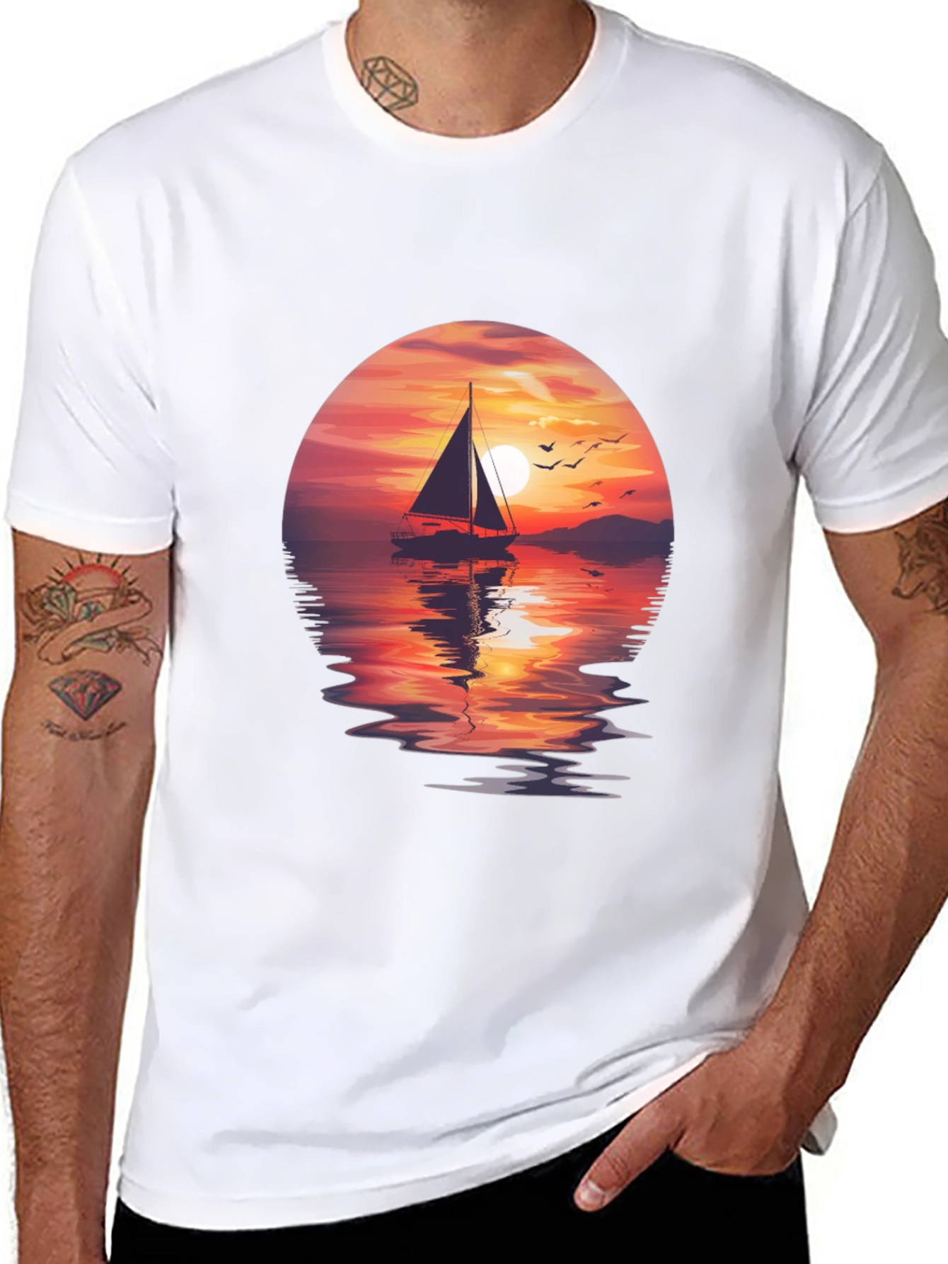 Sunset Sailboat Graphic Tee - Black Crew Neck T-Shirt