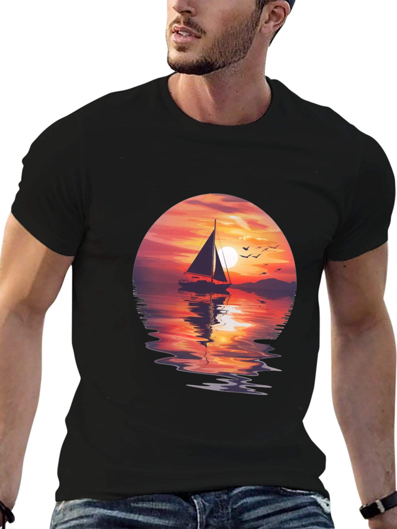 Sunset Sailboat Graphic Tee - Black Crew Neck T-Shirt