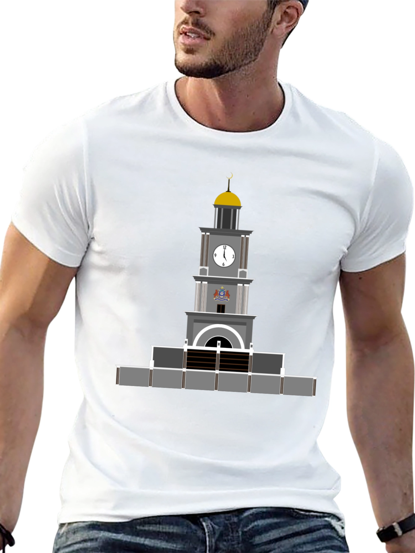 Black T-Shirt with Clock Tower Graphic