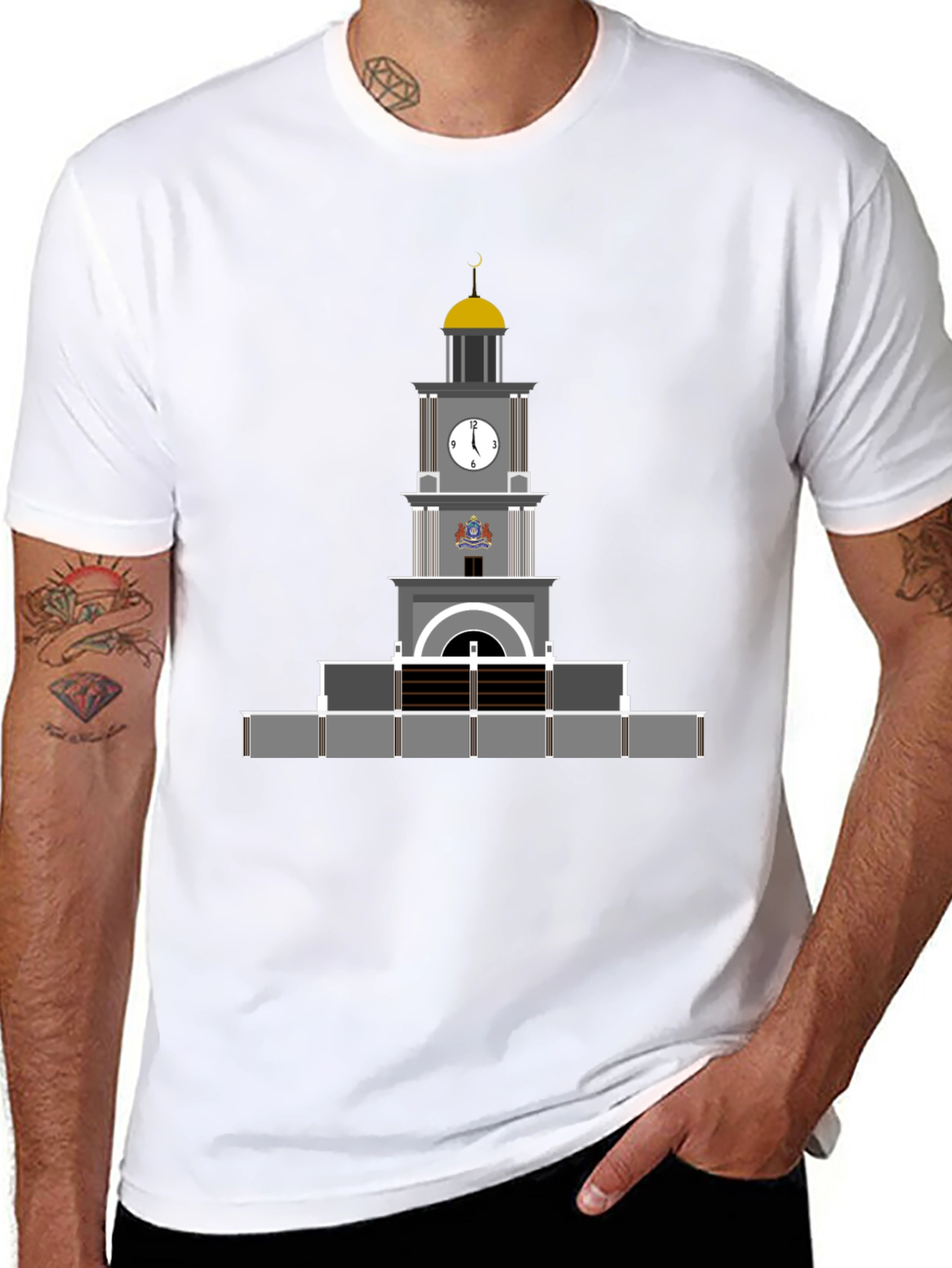 Black T-Shirt with Clock Tower Graphic