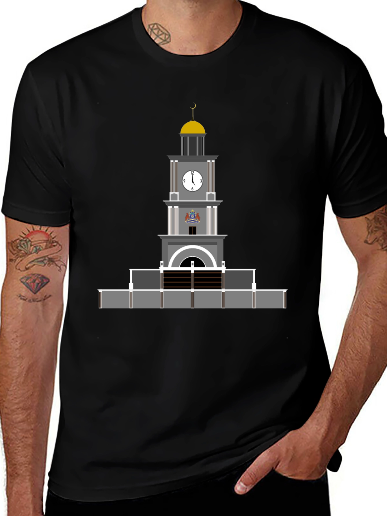 Black T-Shirt with Clock Tower Graphic