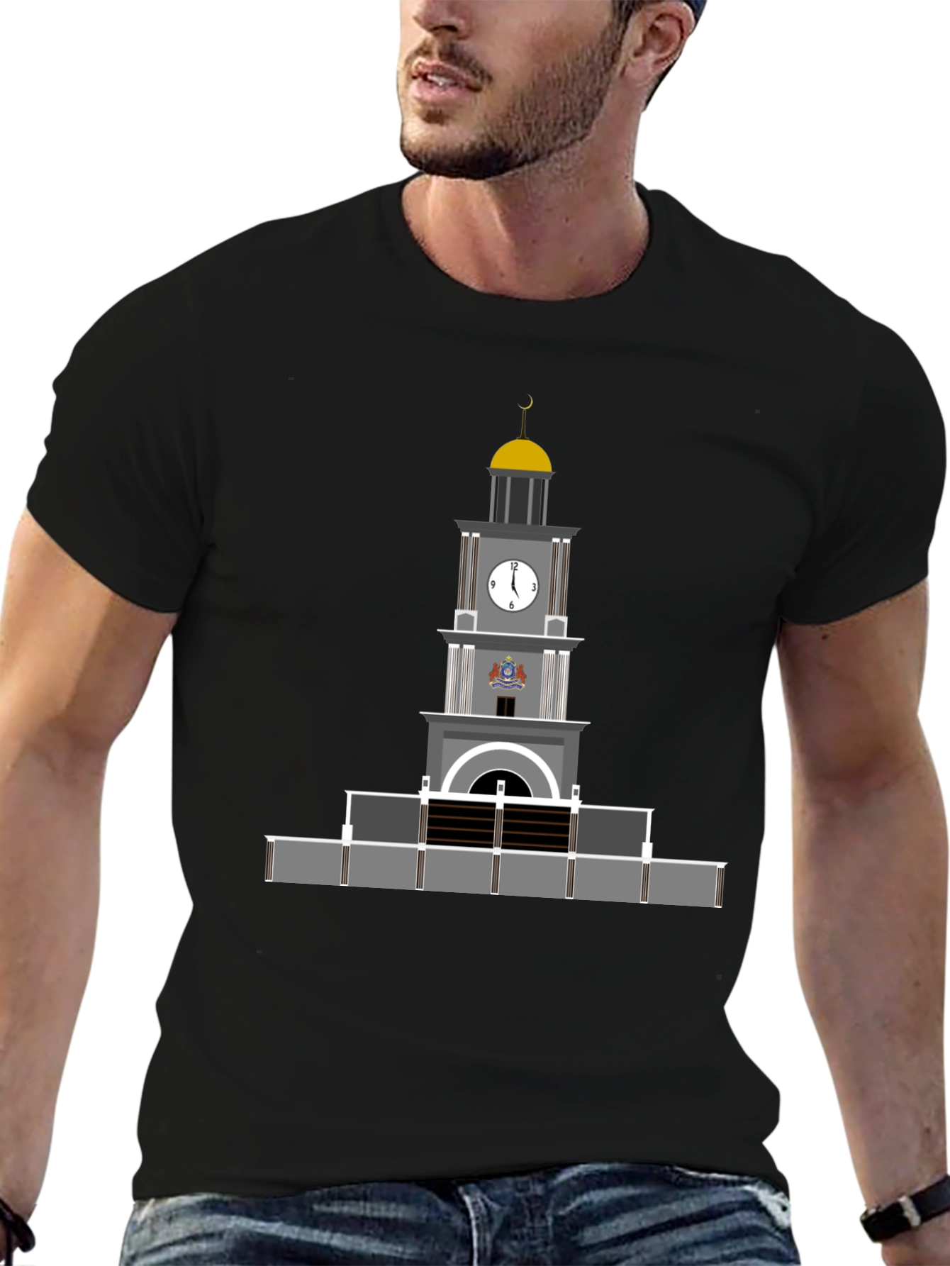 Black T-Shirt with Clock Tower Graphic