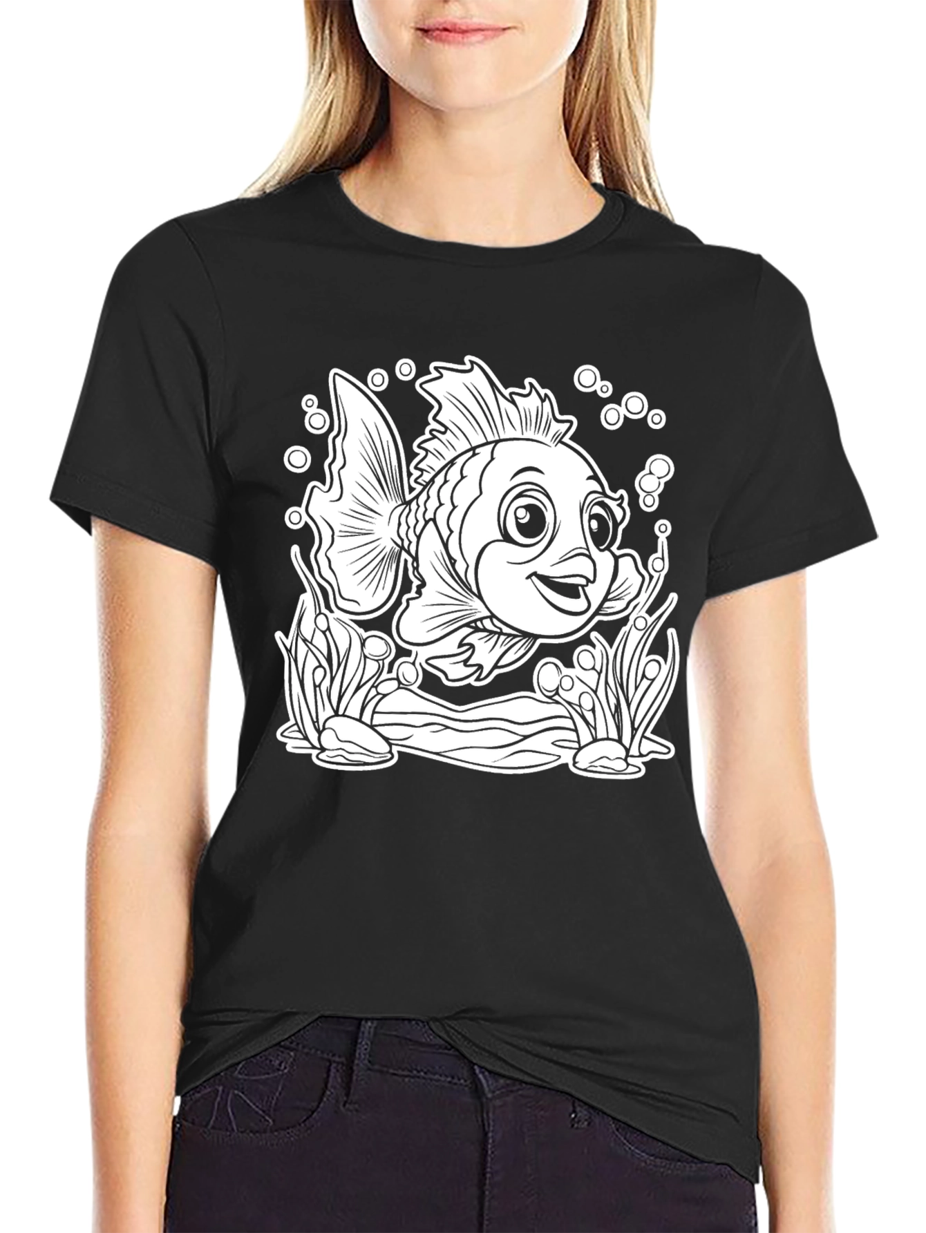 Cartoon Fish Graphic T-Shirt - Black