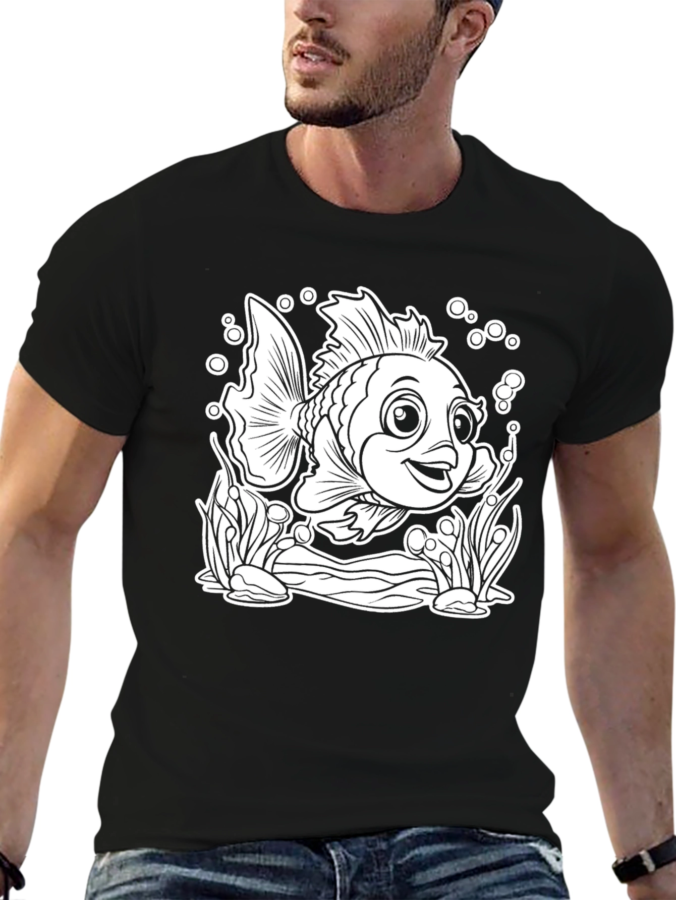 Cartoon Fish Graphic T-Shirt - Black