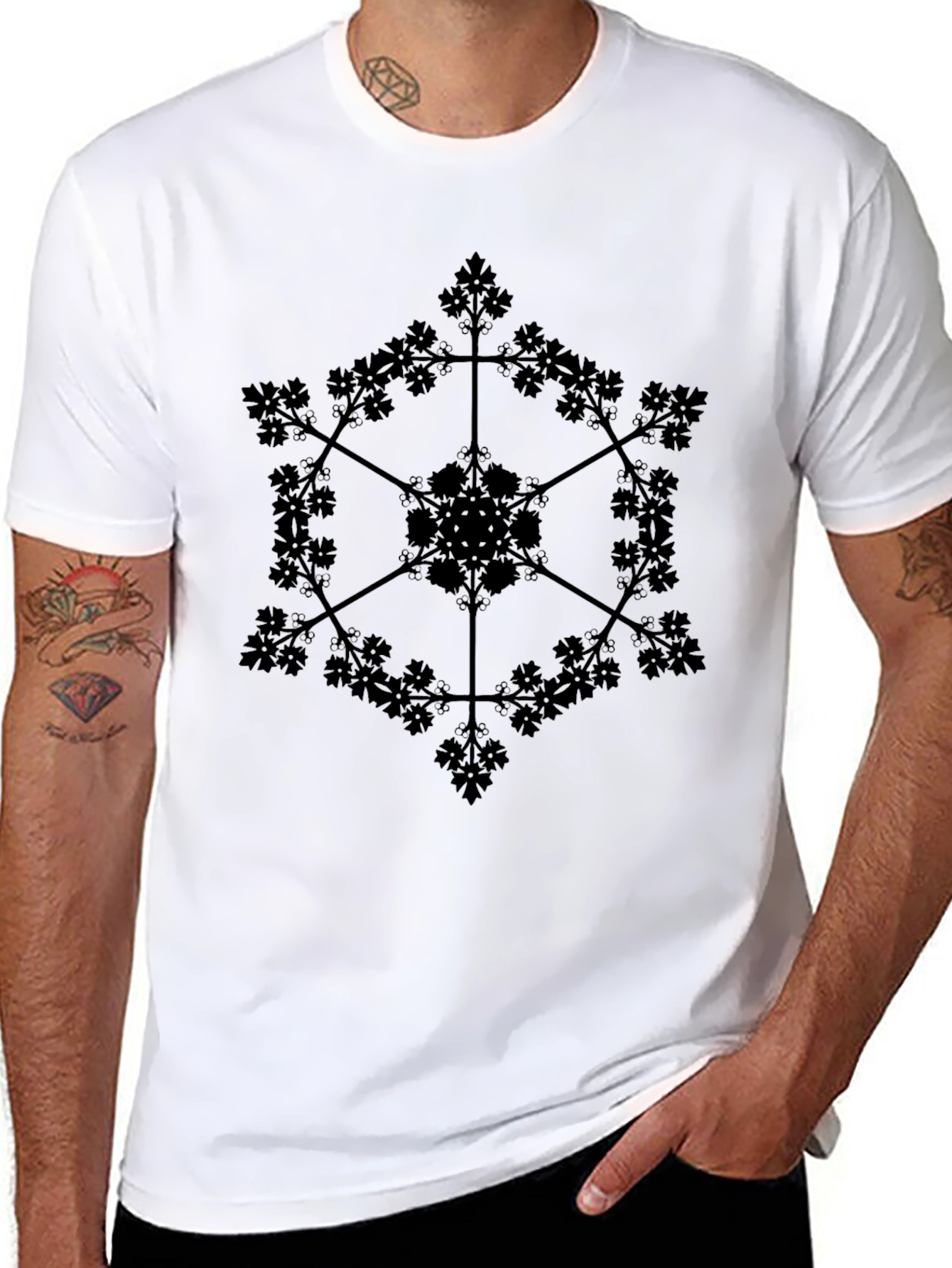 Geometric Botanical Black Graphic T-Shirt