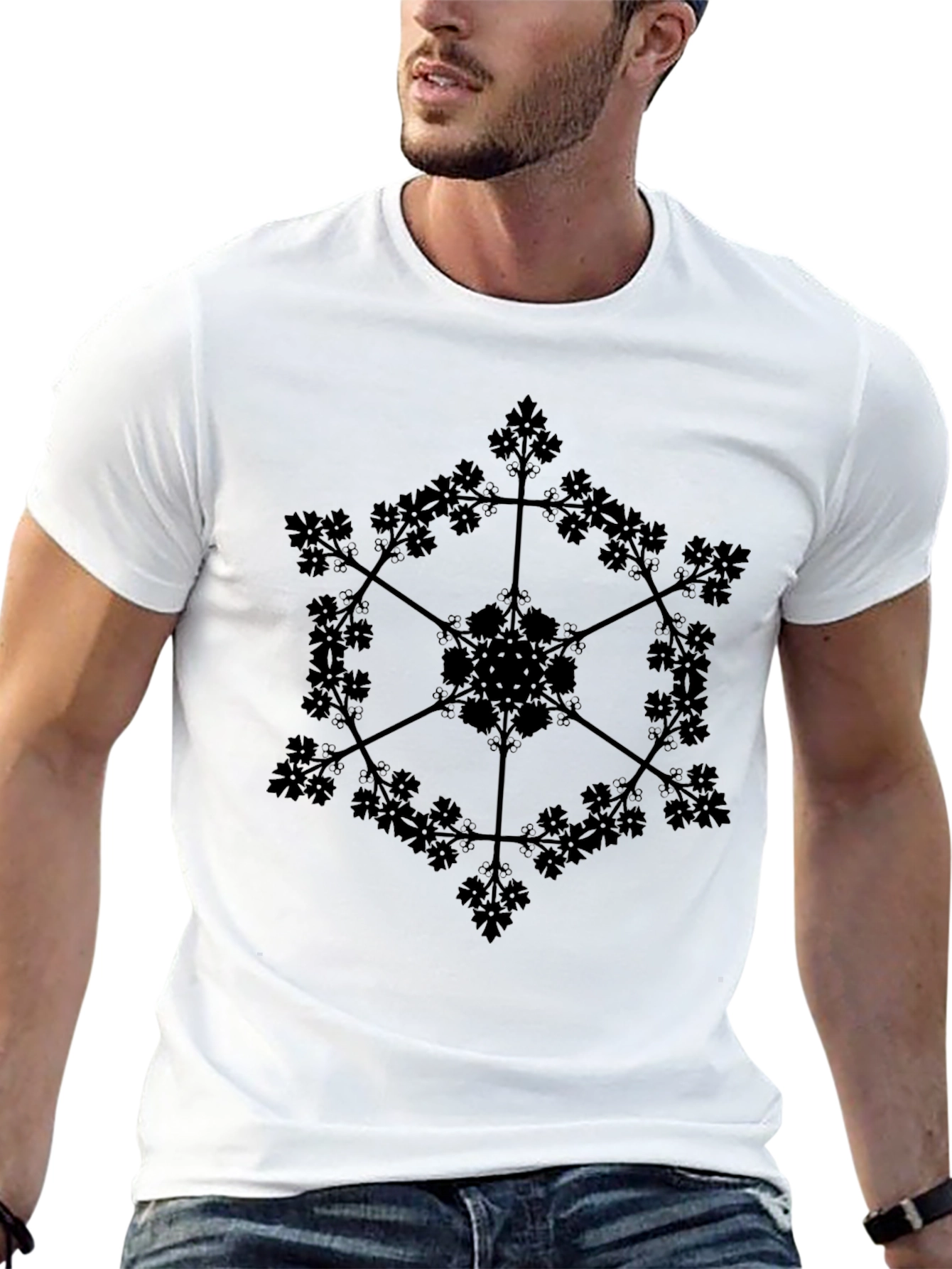 Geometric Botanical Black Graphic T-Shirt