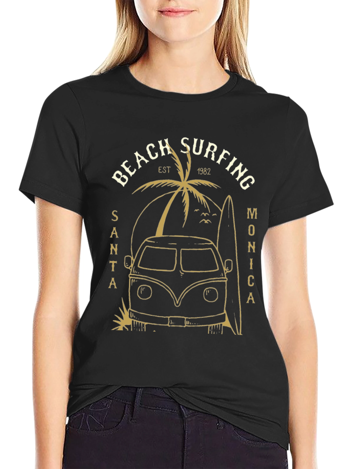 Beach Surfing Santa Monica Black Tee