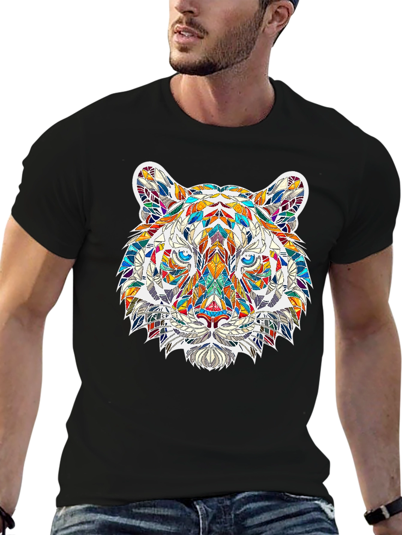 Geometric Tiger Print Black T-Shirt