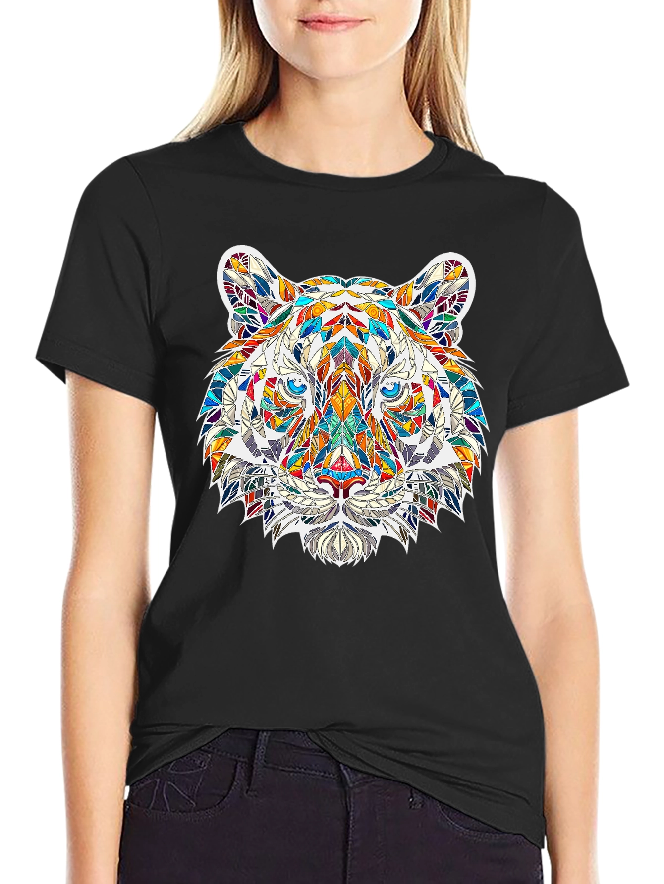 Geometric Tiger Print Black T-Shirt