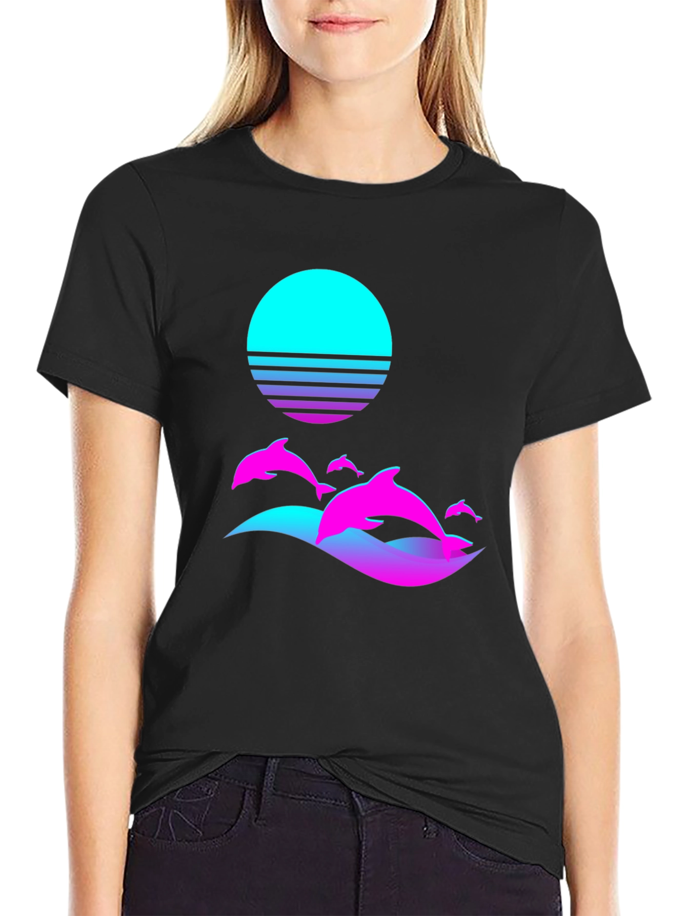 Retro Dolphin Sunset Graphic Tee - Black