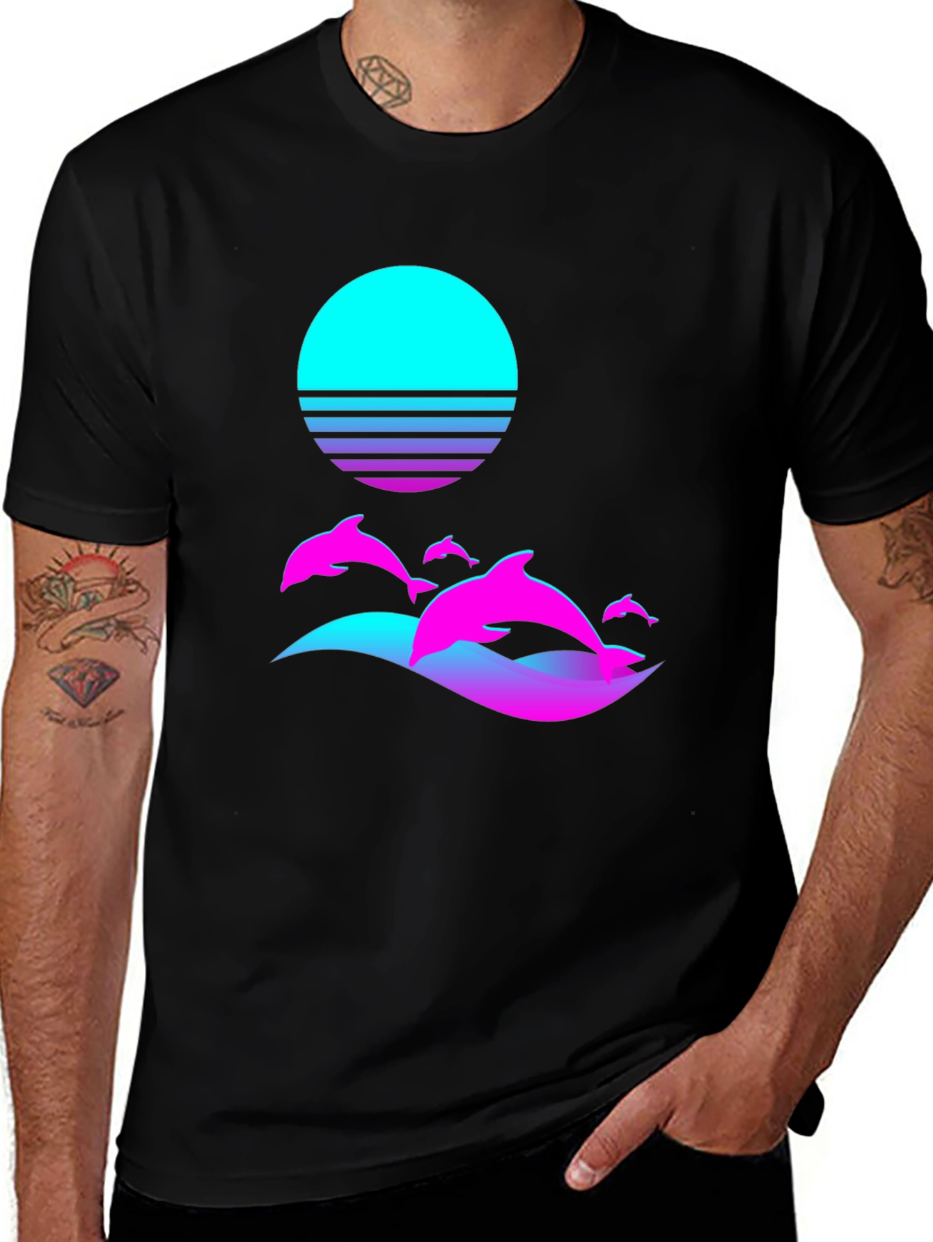 Retro Dolphin Sunset Graphic Tee - Black