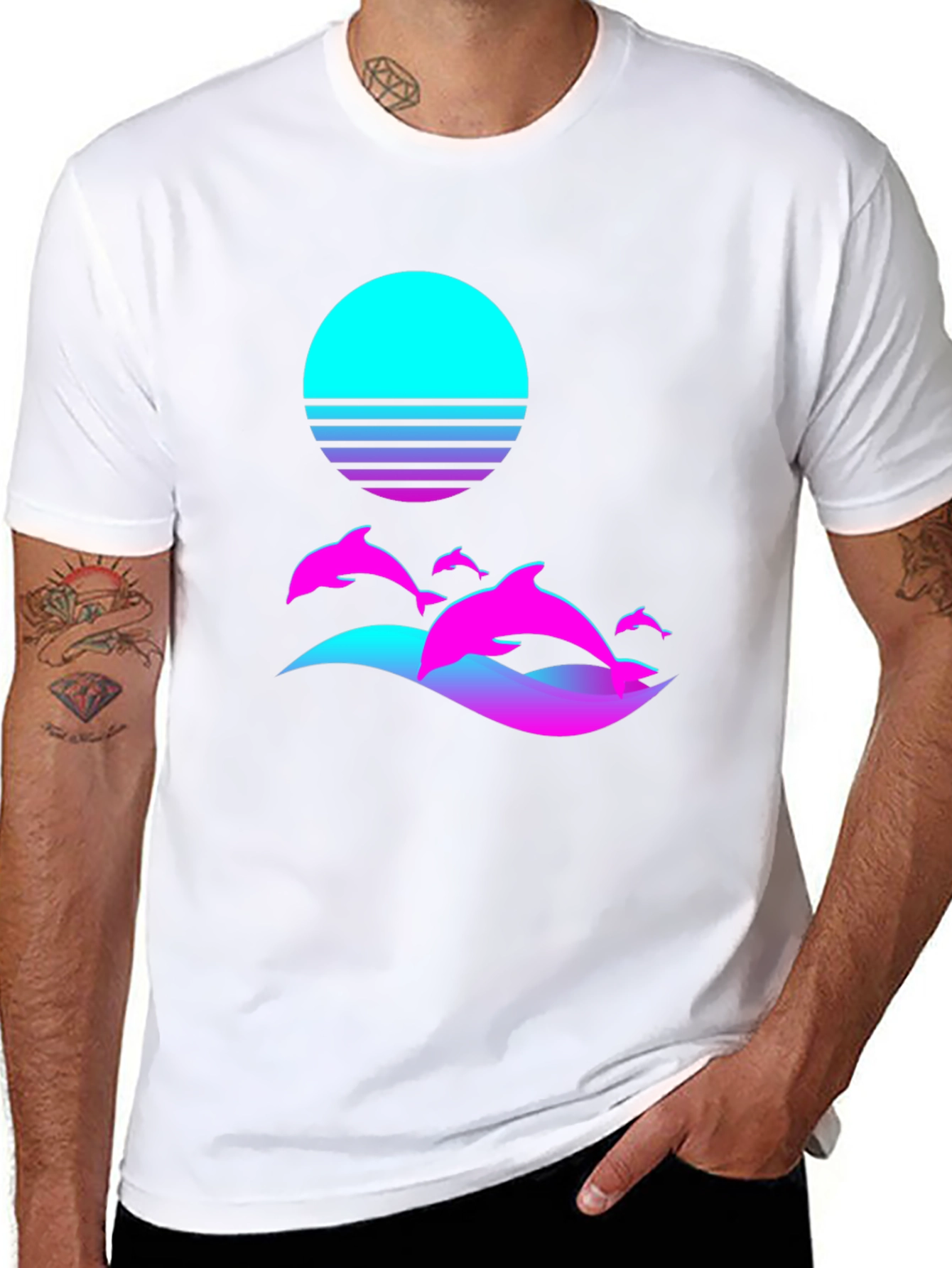 Retro Dolphin Sunset Graphic Tee - Black