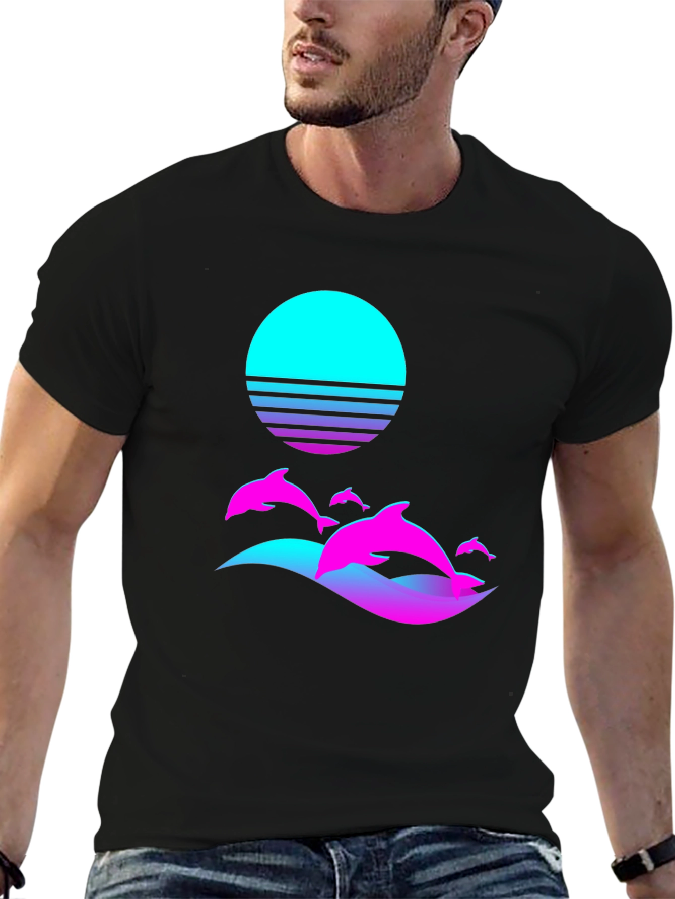 Retro Dolphin Sunset Graphic Tee - Black