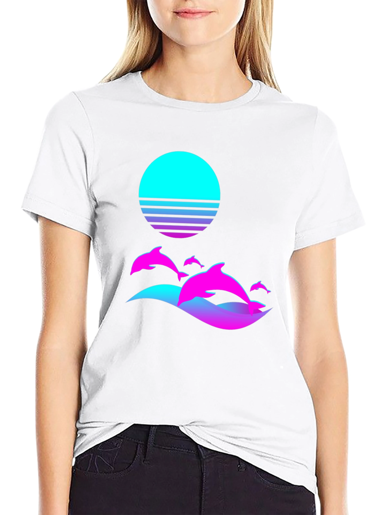 Retro Dolphin Sunset Graphic Tee - Black
