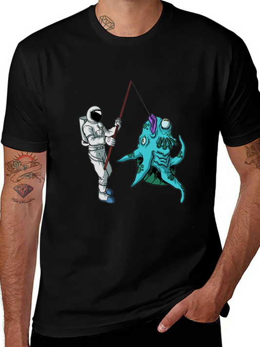 Astronaut Fishing Alien Creature Black T-Shirt
