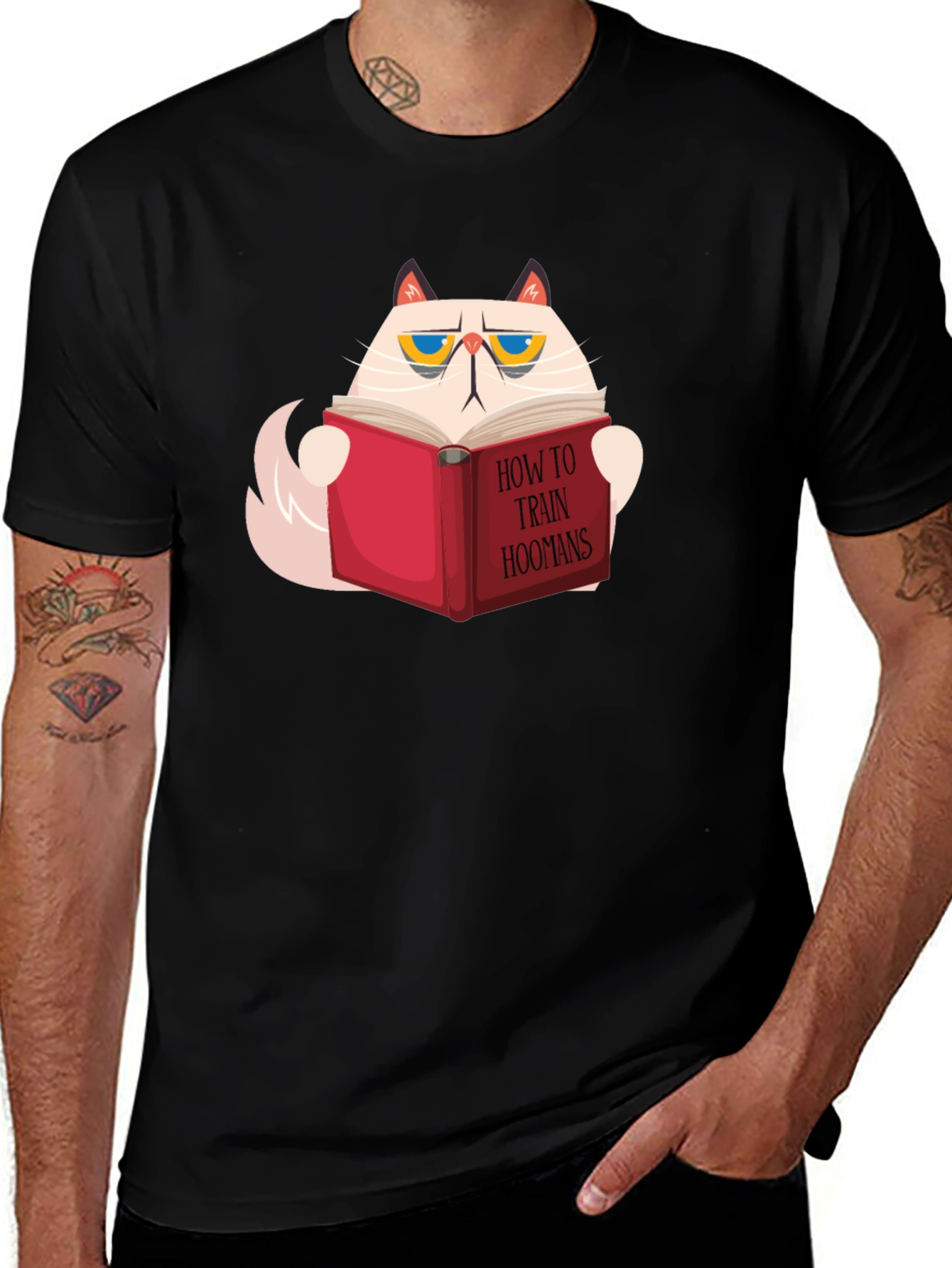 Cat Reading How To Train Hoomans Black T-Shirt