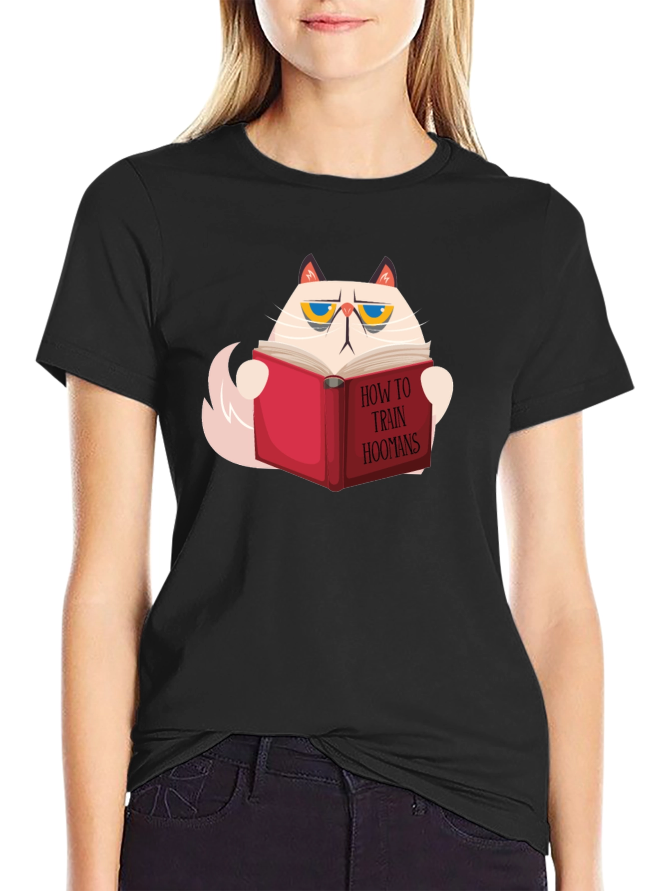 Cat Reading How To Train Hoomans Black T-Shirt