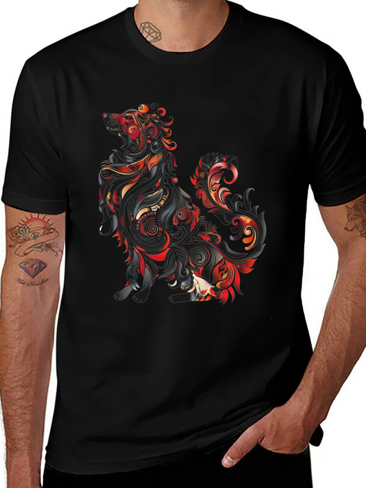 Abstract Floral Dog Graphic Tee - Stylish Mens Black T-Shirt
