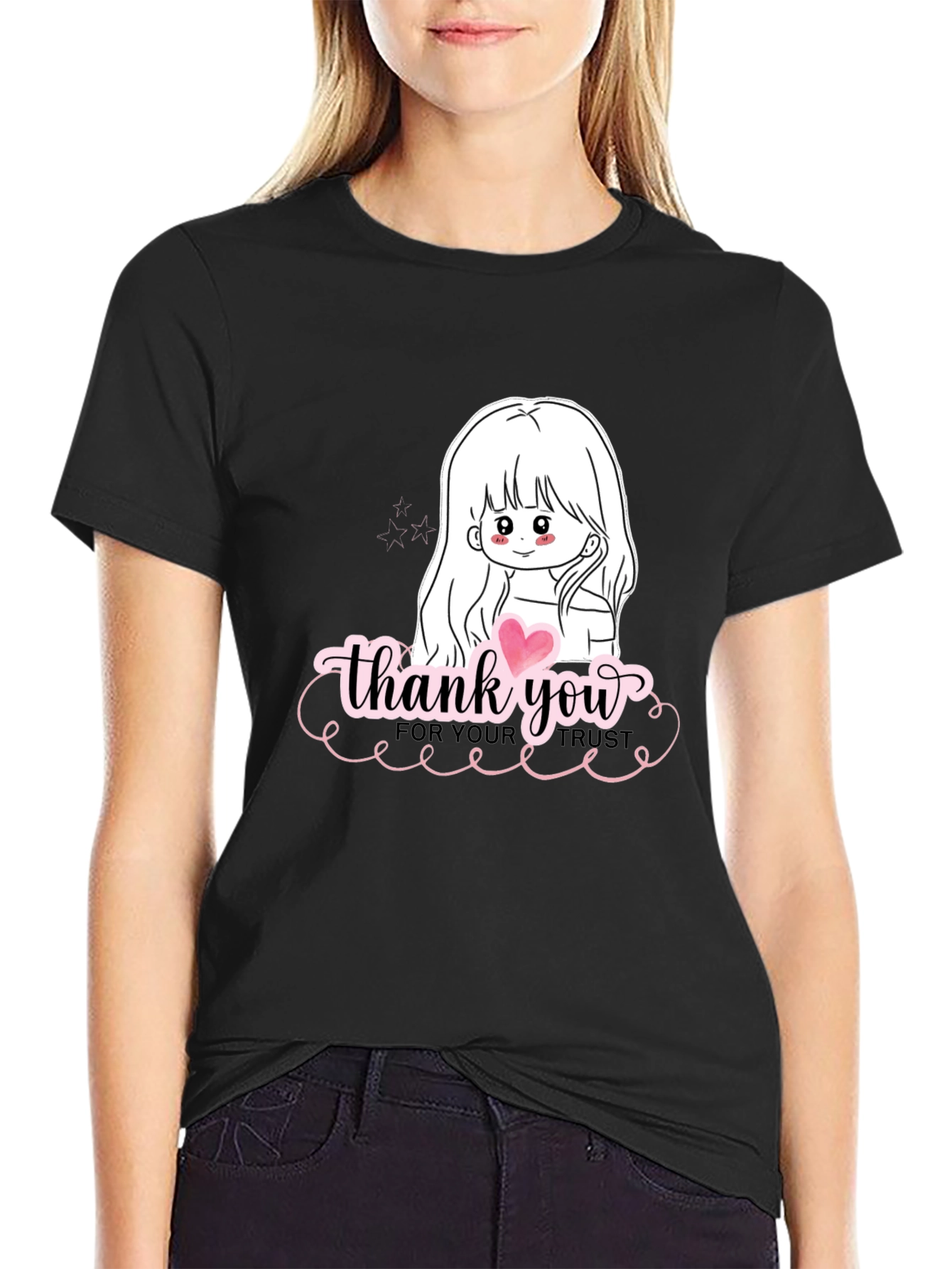 Thank You Girl Graphic T-Shirt - Casual Black Tee