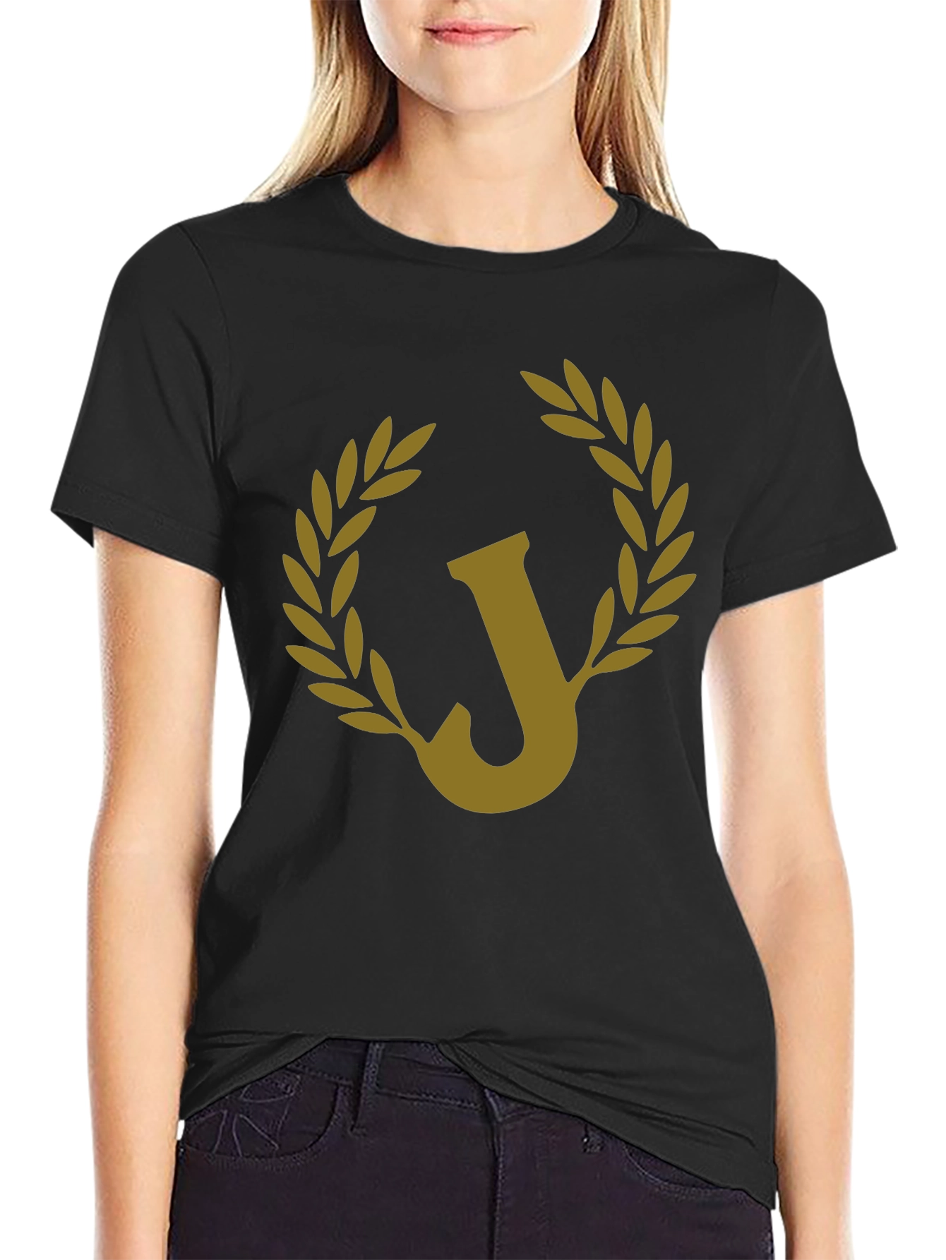 Letter J Laurel Wreath Black Graphic Tee