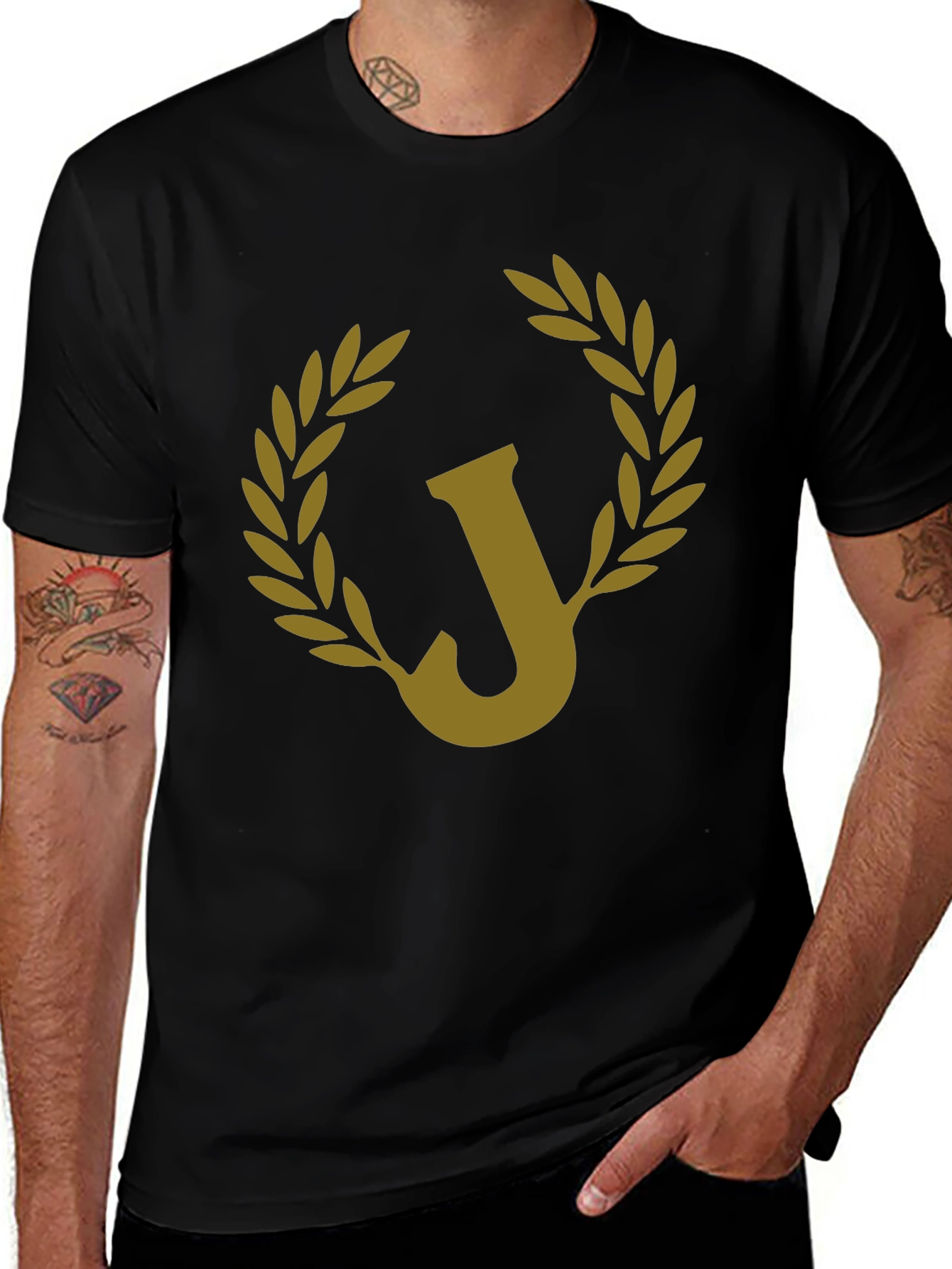 Letter J Laurel Wreath Black Graphic Tee