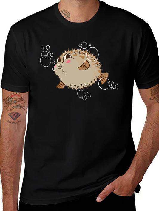 Cute Pufferfish Cartoon Graphic Tee - Black T-Shirt