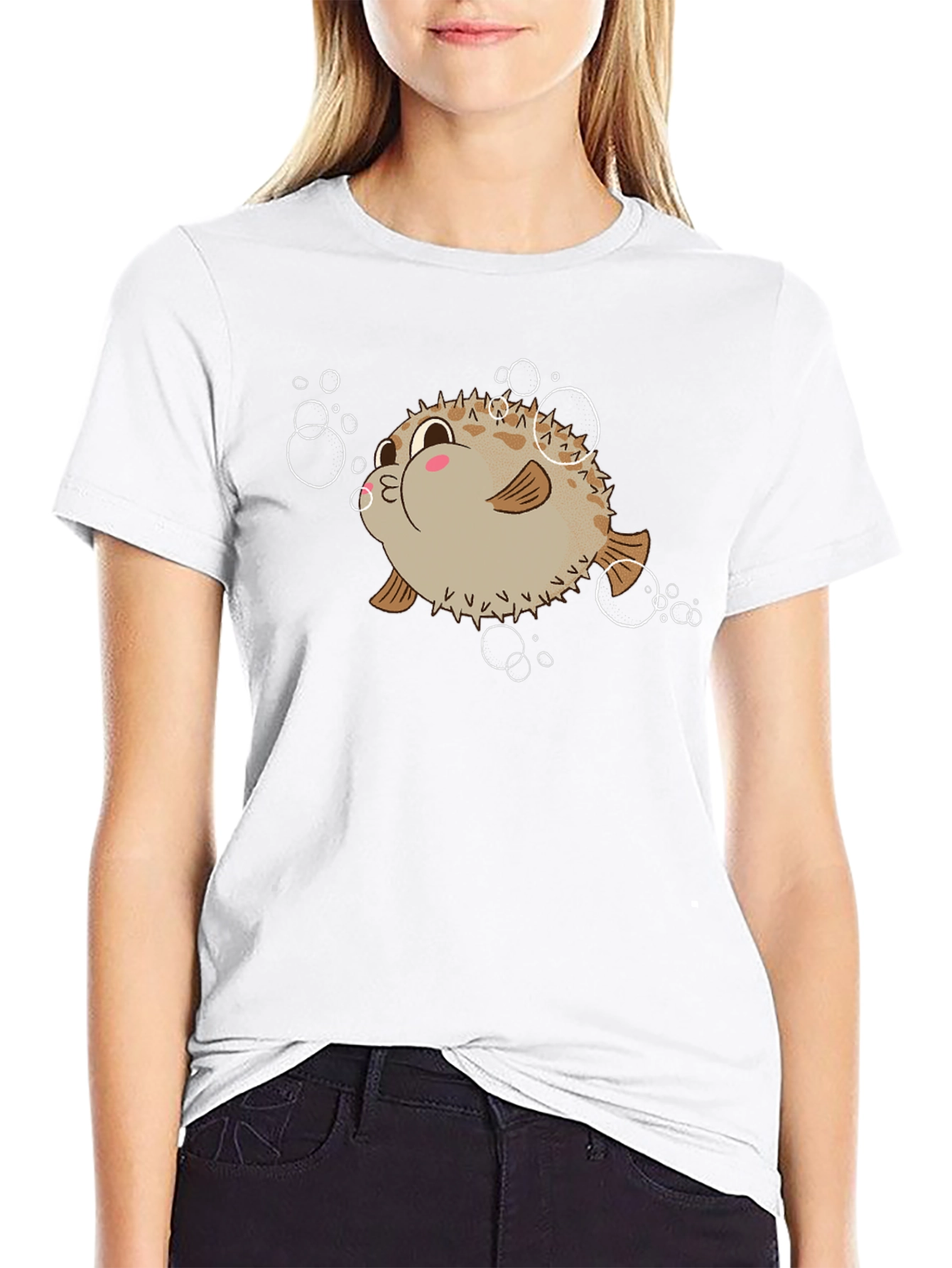 Cute Pufferfish Cartoon Graphic Tee - Black T-Shirt