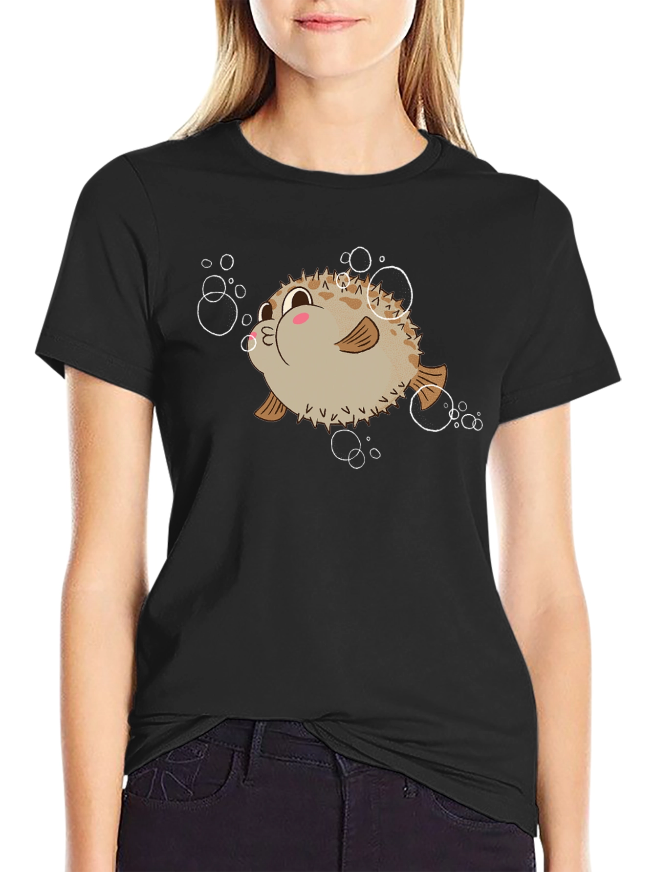 Cute Pufferfish Cartoon Graphic Tee - Black T-Shirt