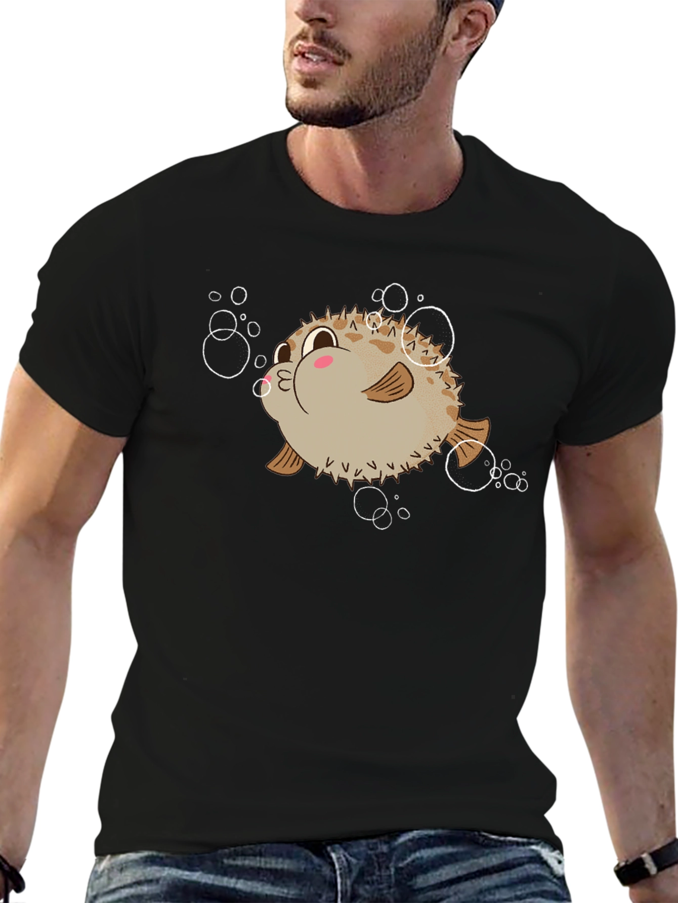 Cute Pufferfish Cartoon Graphic Tee - Black T-Shirt