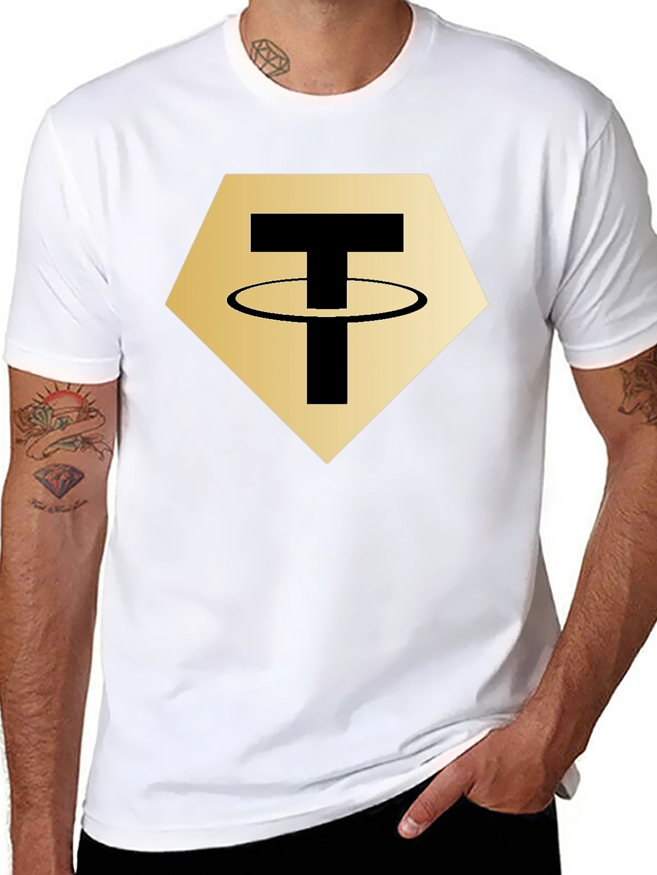 Tether Crypto T-Shirt - Black - Gold Hexagon Design