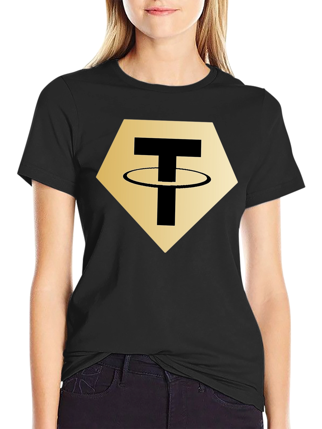 Tether Crypto T-Shirt - Black - Gold Hexagon Design