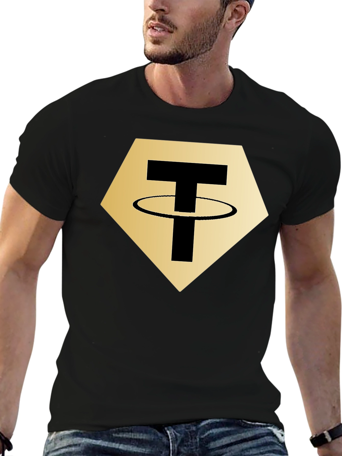 Tether Crypto T-Shirt - Black - Gold Hexagon Design