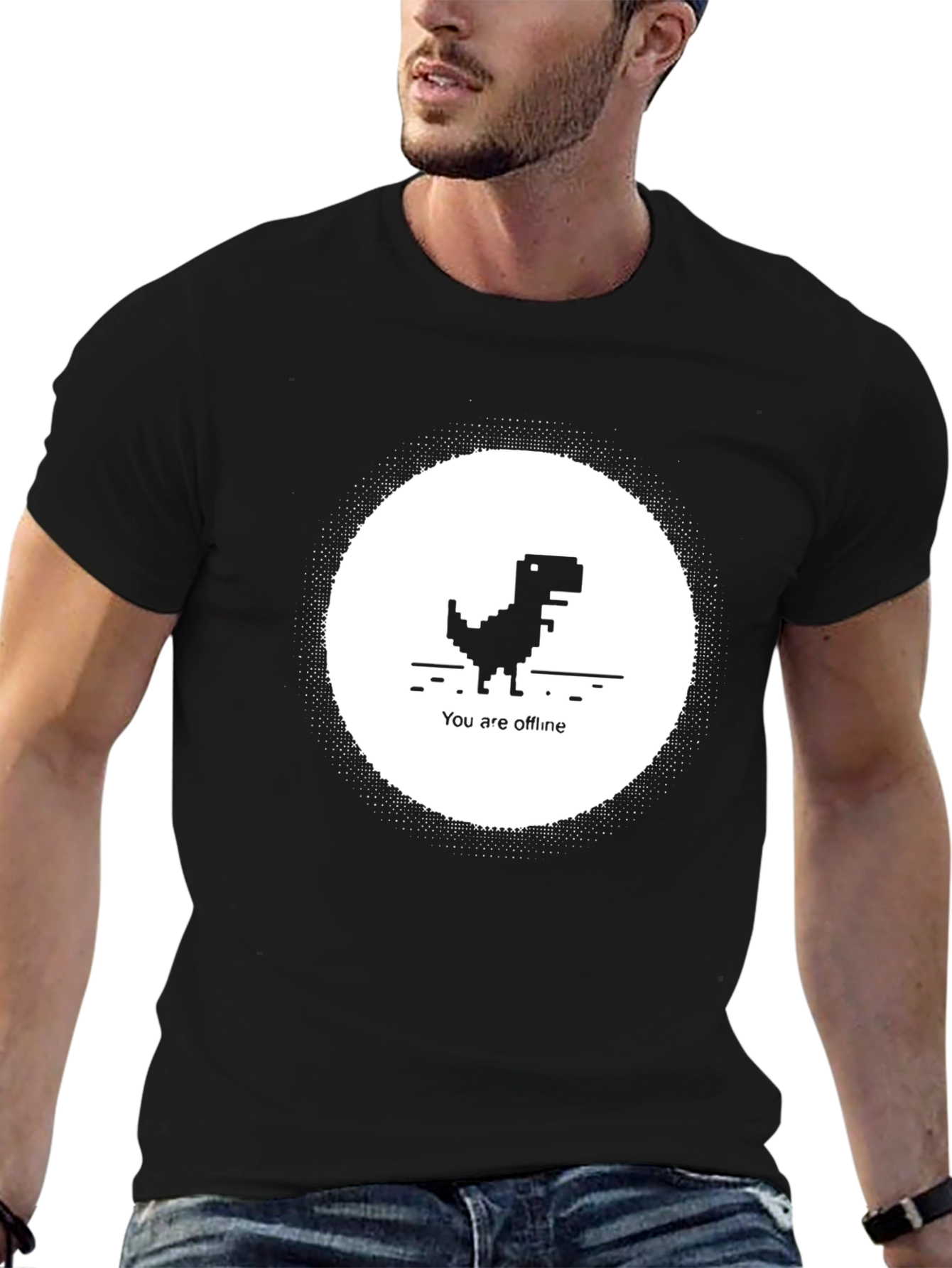 Offline Dinosaur Black T-Shirt - Retro Pixel Art Tee