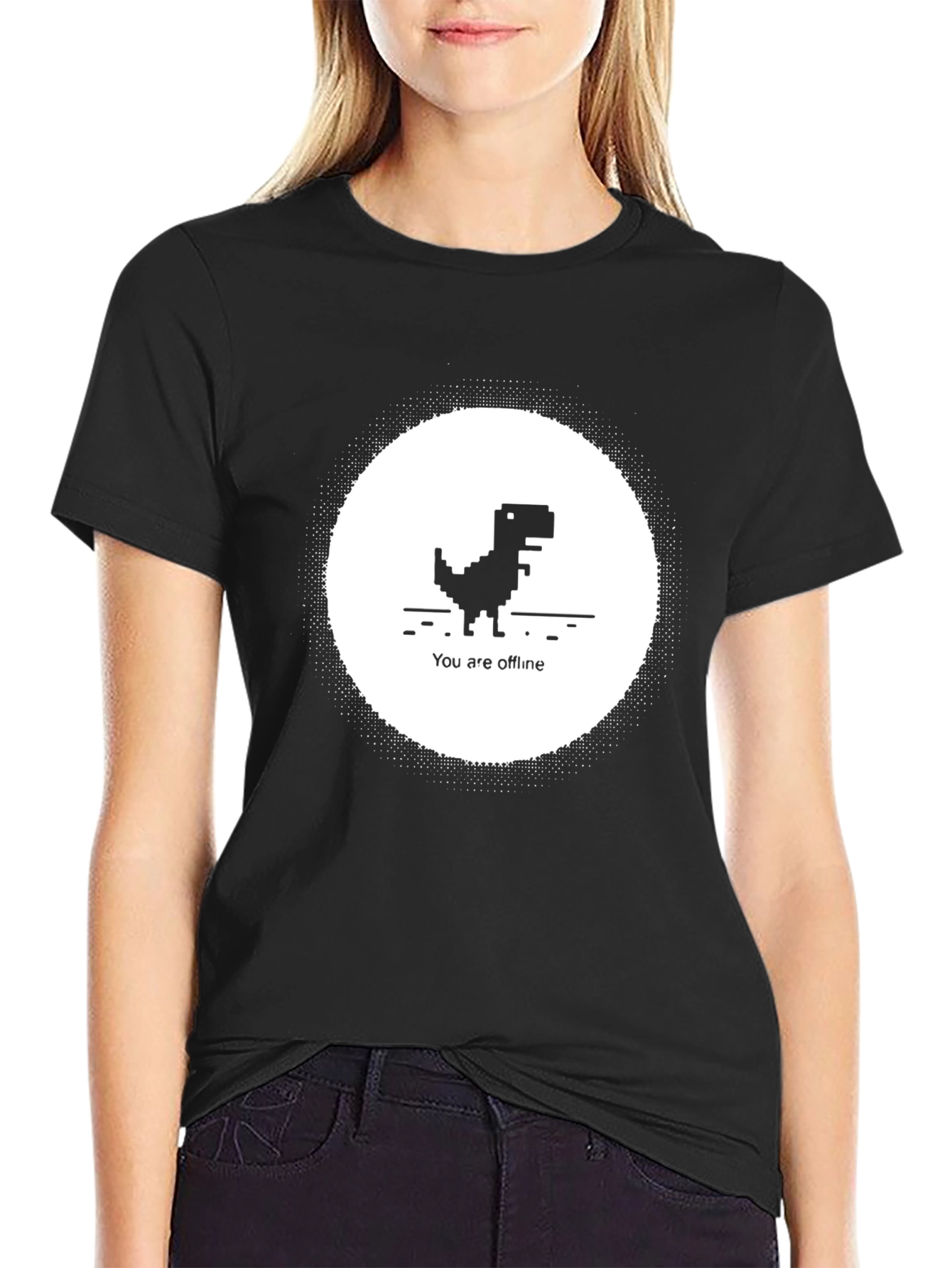 Offline Dinosaur Black T-Shirt - Retro Pixel Art Tee