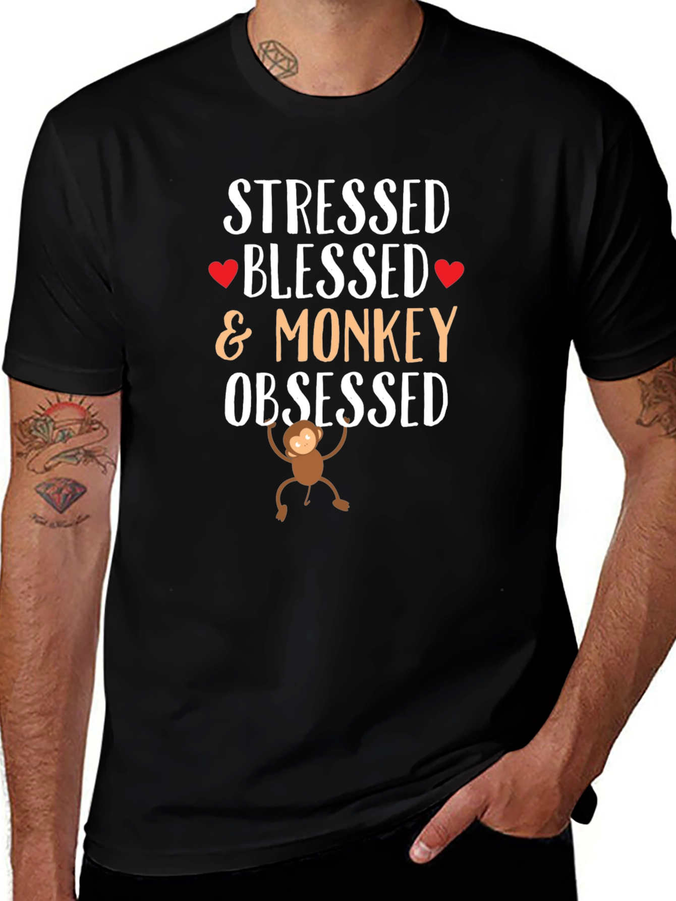 Stressed Blessed Monkey Obsessed Black T-Shirt