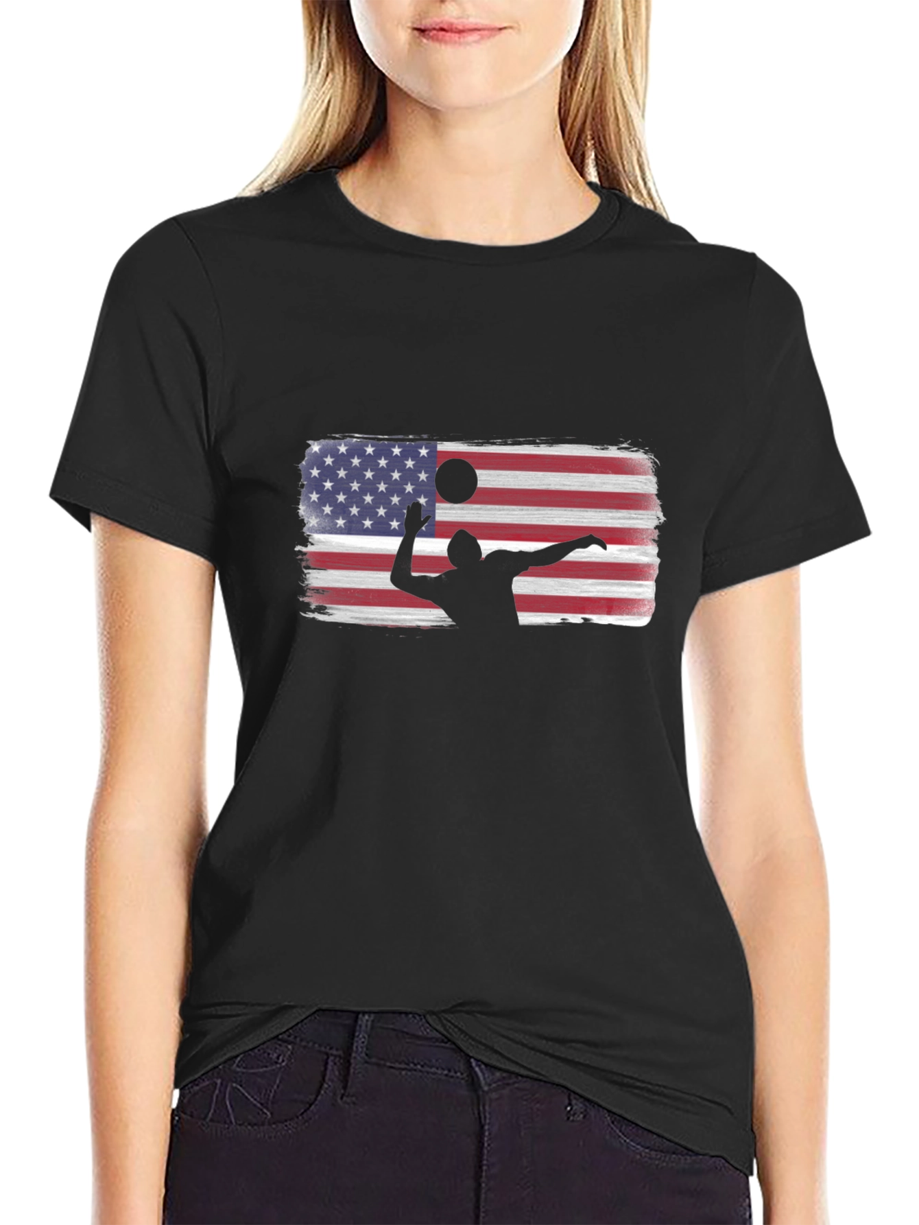 Volleyball USA Flag Graphic Black T-Shirt