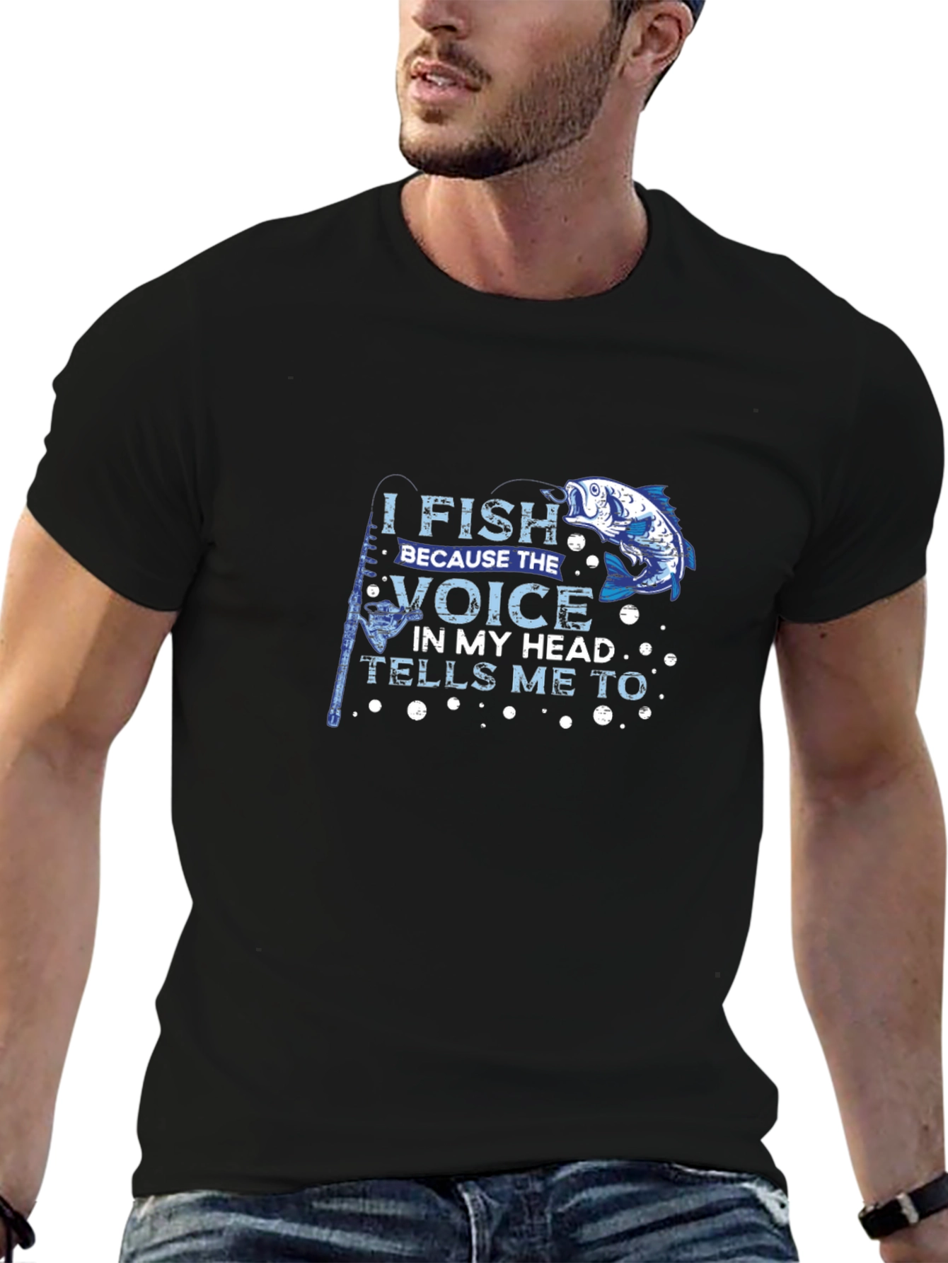 I Fish Because the Voice T-Shirt Black Cotton Tee