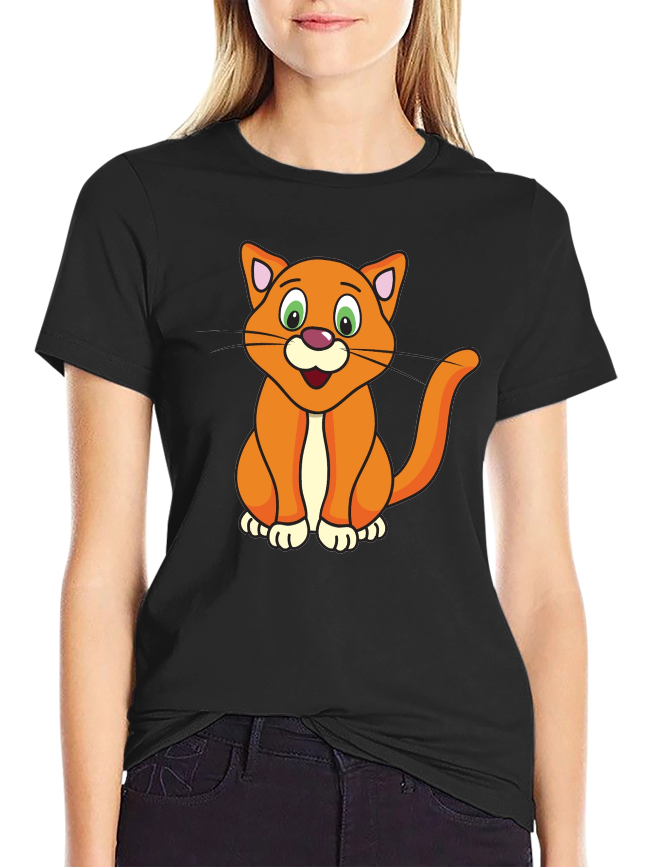 Cartoon Cat Graphic Black T-Shirt