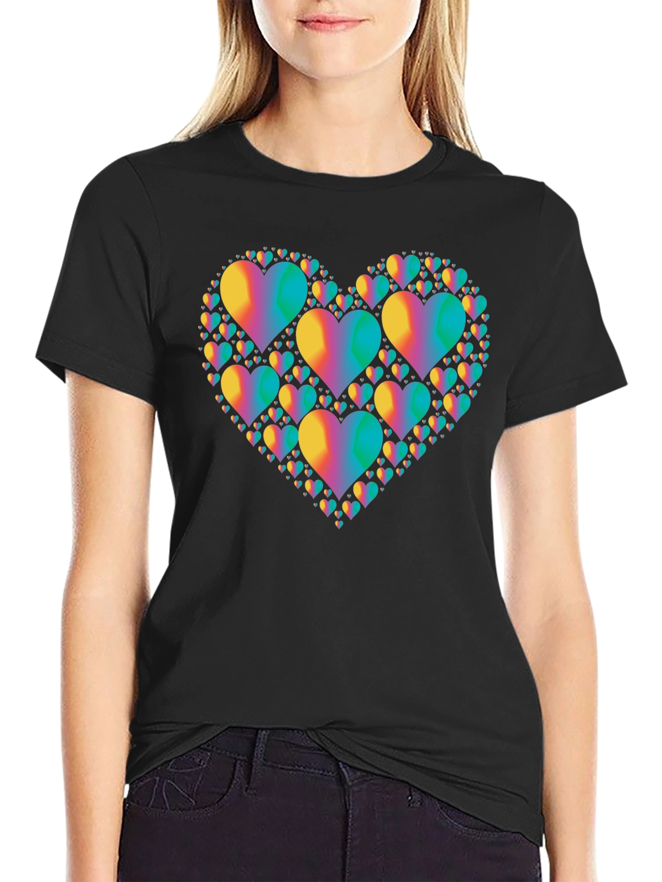 Rainbow Heart Cluster Graphic Tee - Black Cotton T-Shirt