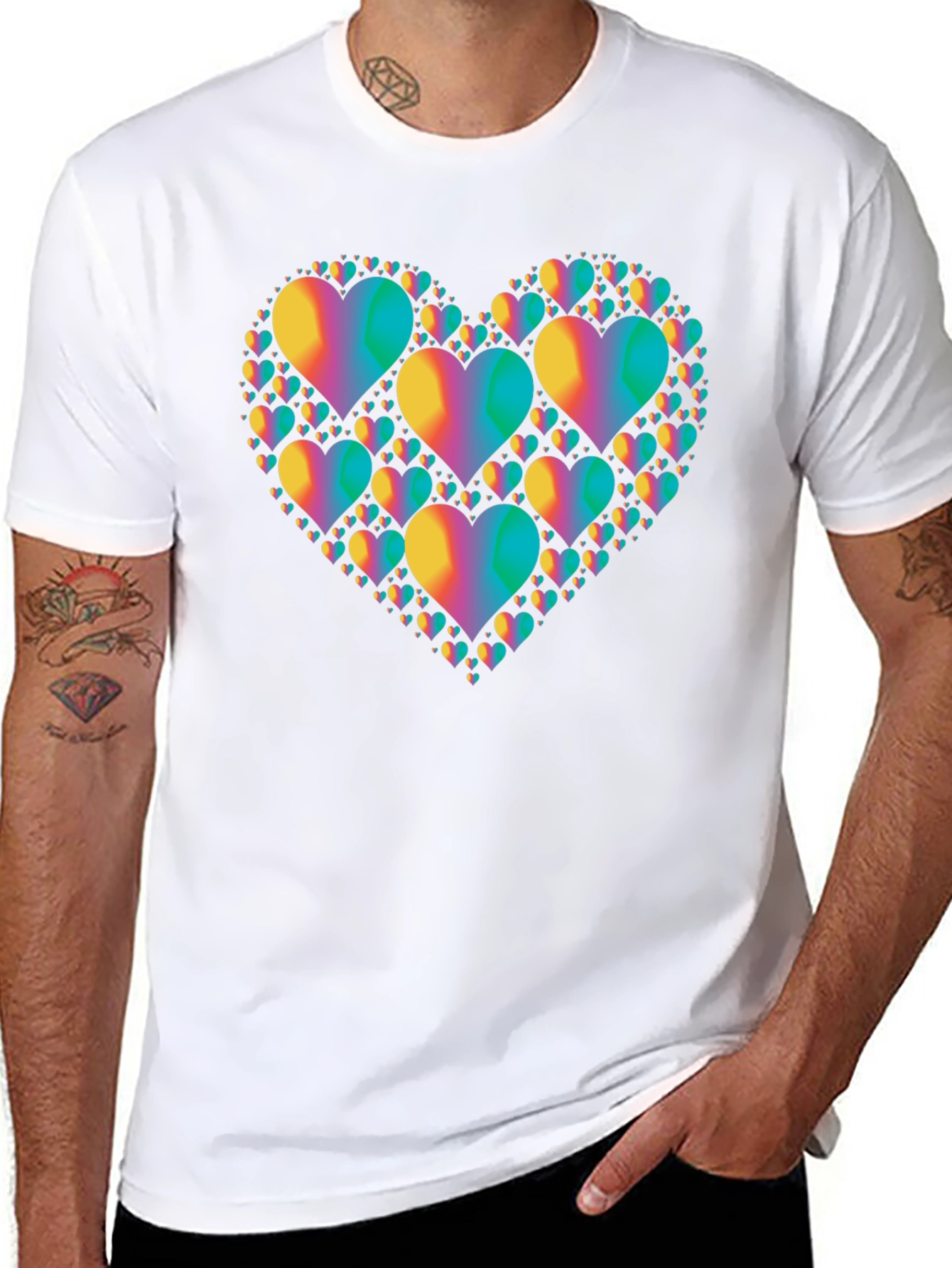 Rainbow Heart Cluster Graphic Tee - Black Cotton T-Shirt