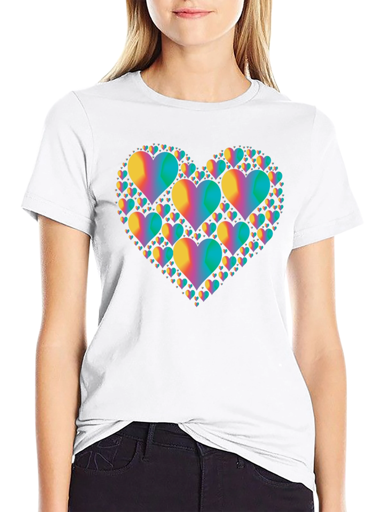 Rainbow Heart Cluster Graphic Tee - Black Cotton T-Shirt
