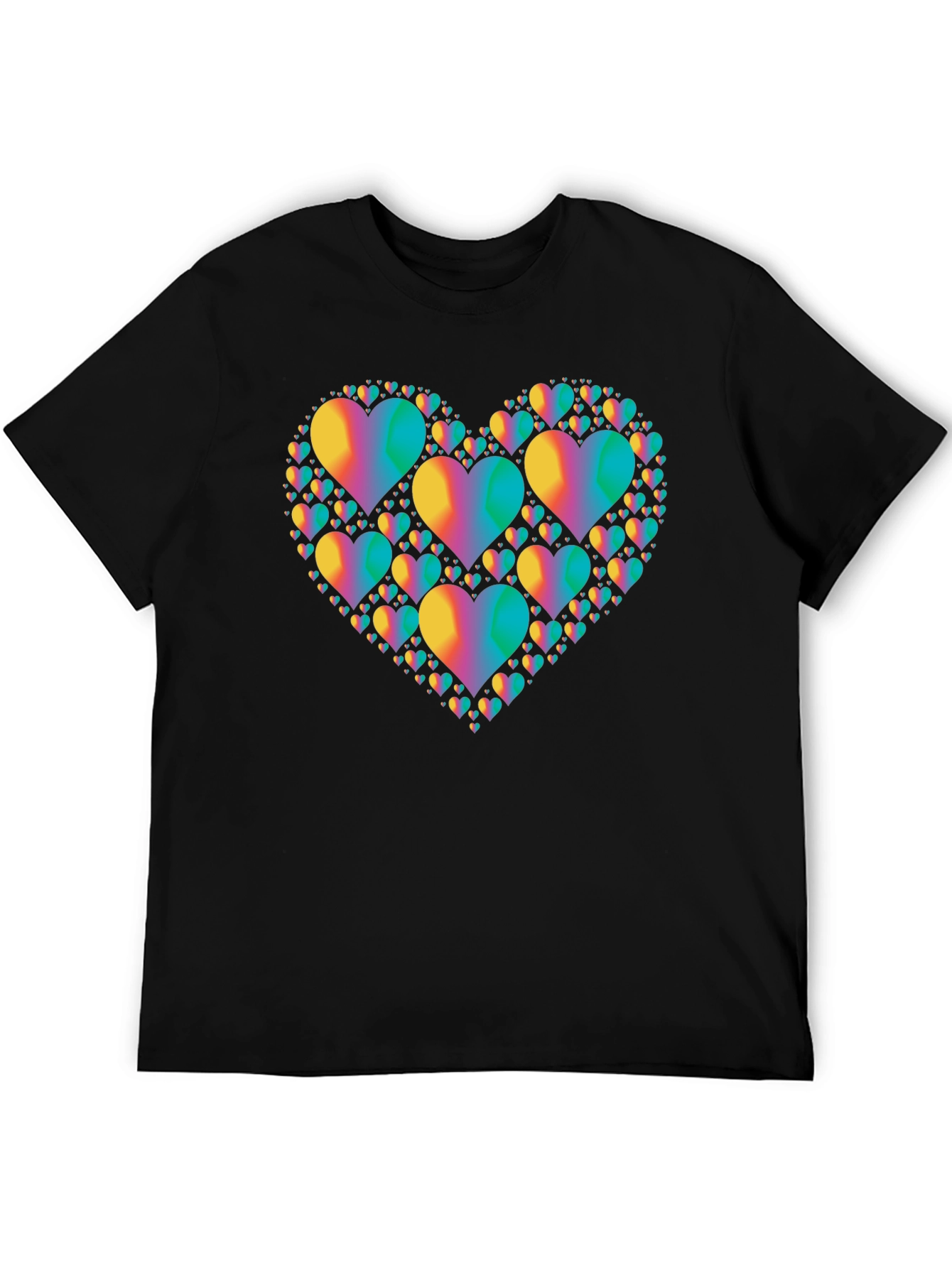 Rainbow Heart Cluster Graphic Tee - Black Cotton T-Shirt