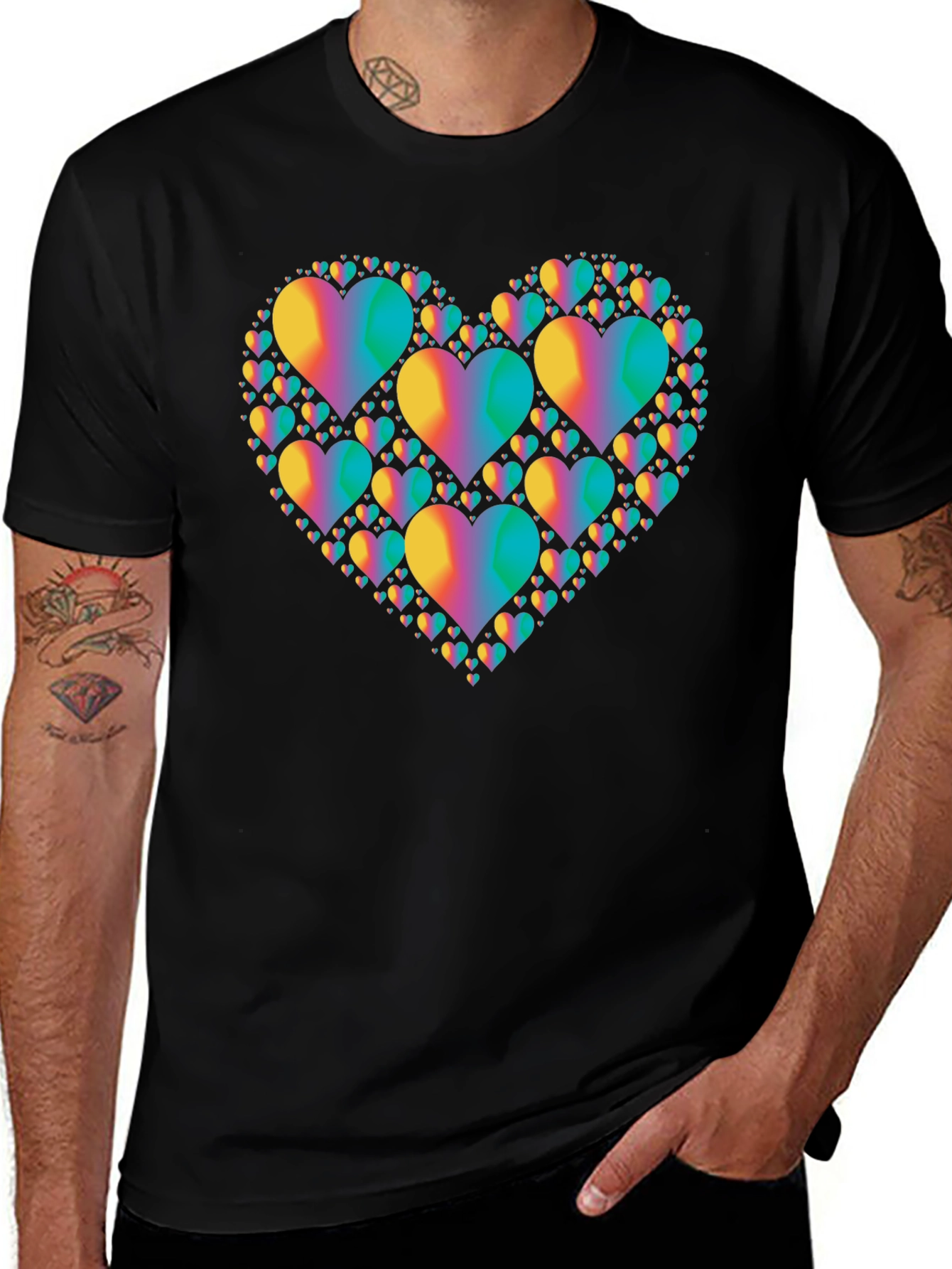 Rainbow Heart Cluster Graphic Tee - Black Cotton T-Shirt